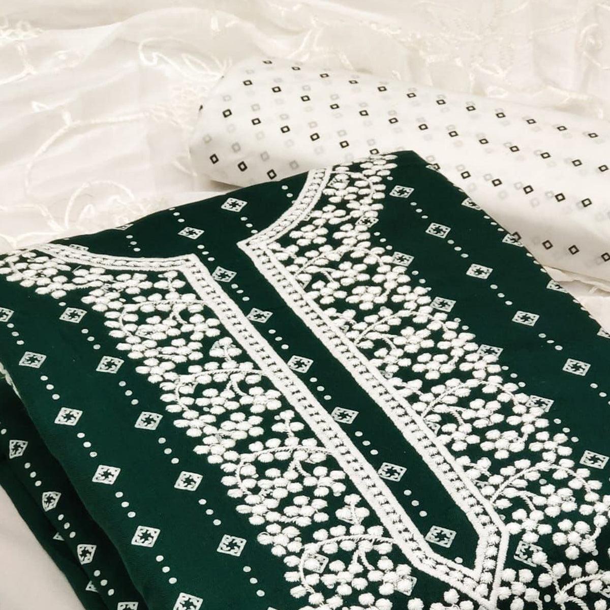 Green Embroidered With Printed Rayon Dress Material - Peachmode