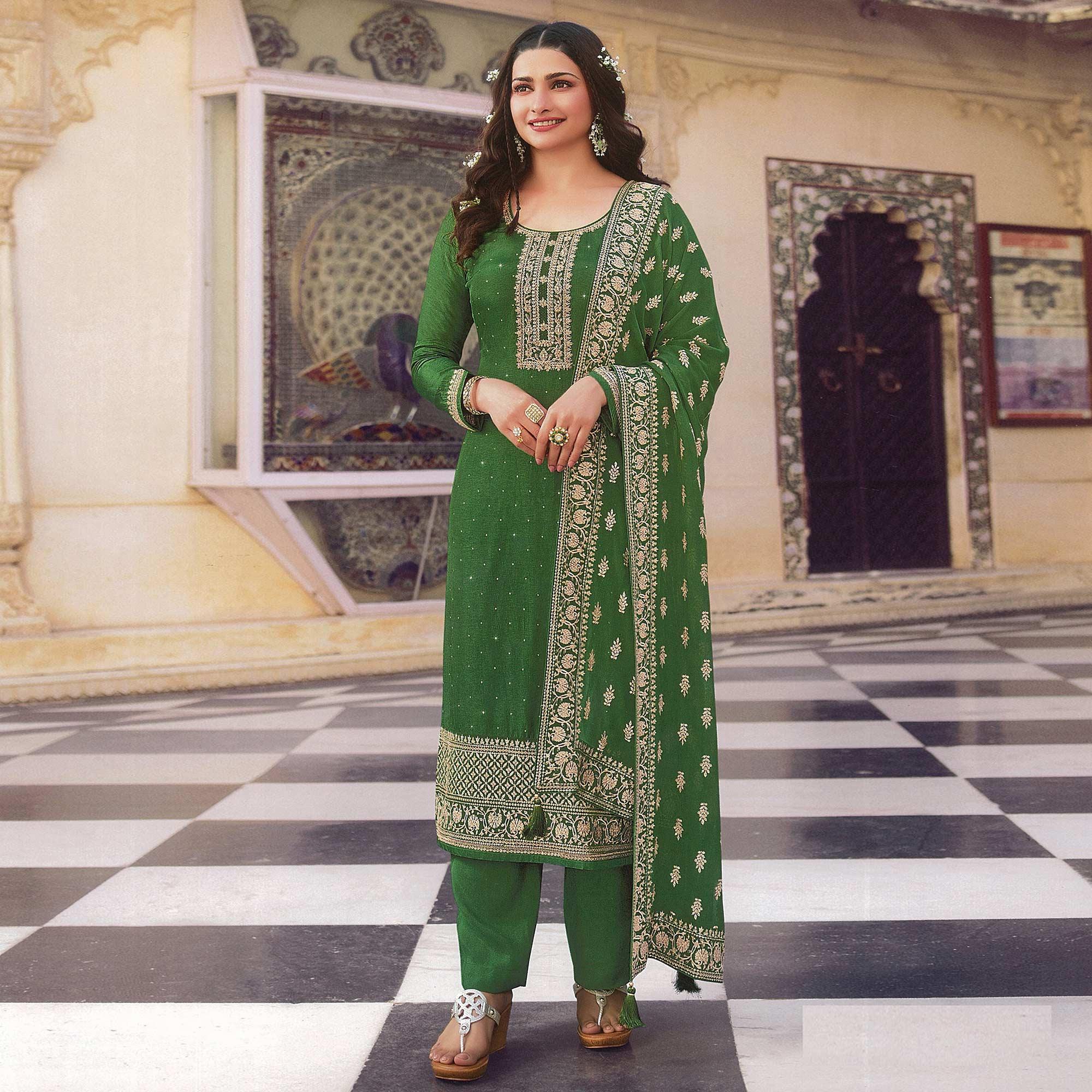 Green Embroidered With Swarovski Work Dola Silk Salwar Suit - Peachmode
