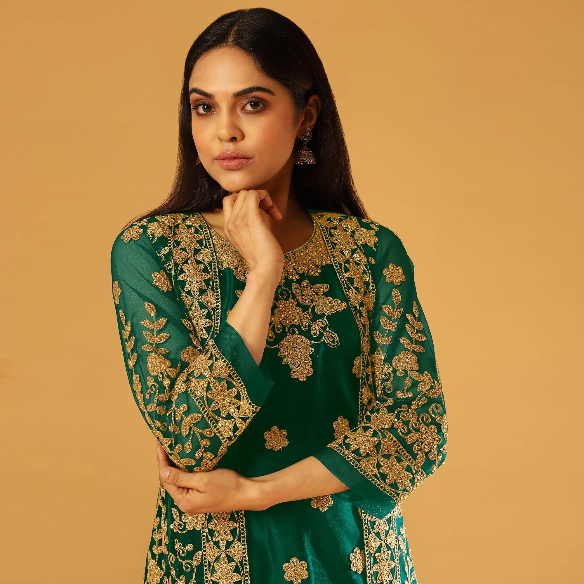 Green Embroidery & Cording Work Net Partywear Suit With Koti - Peachmode