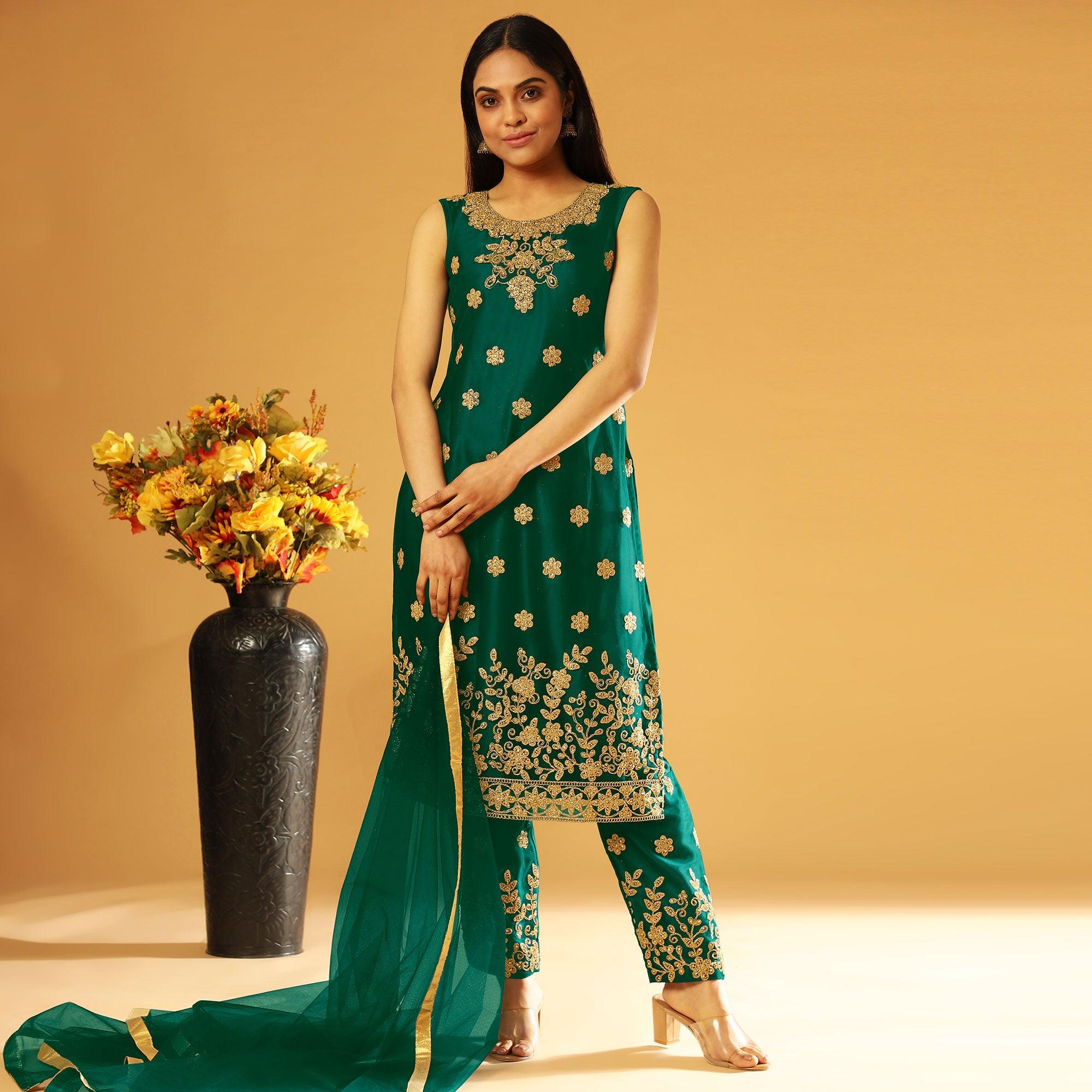 Green Embroidery & Cording Work Net Partywear Suit With Koti - Peachmode