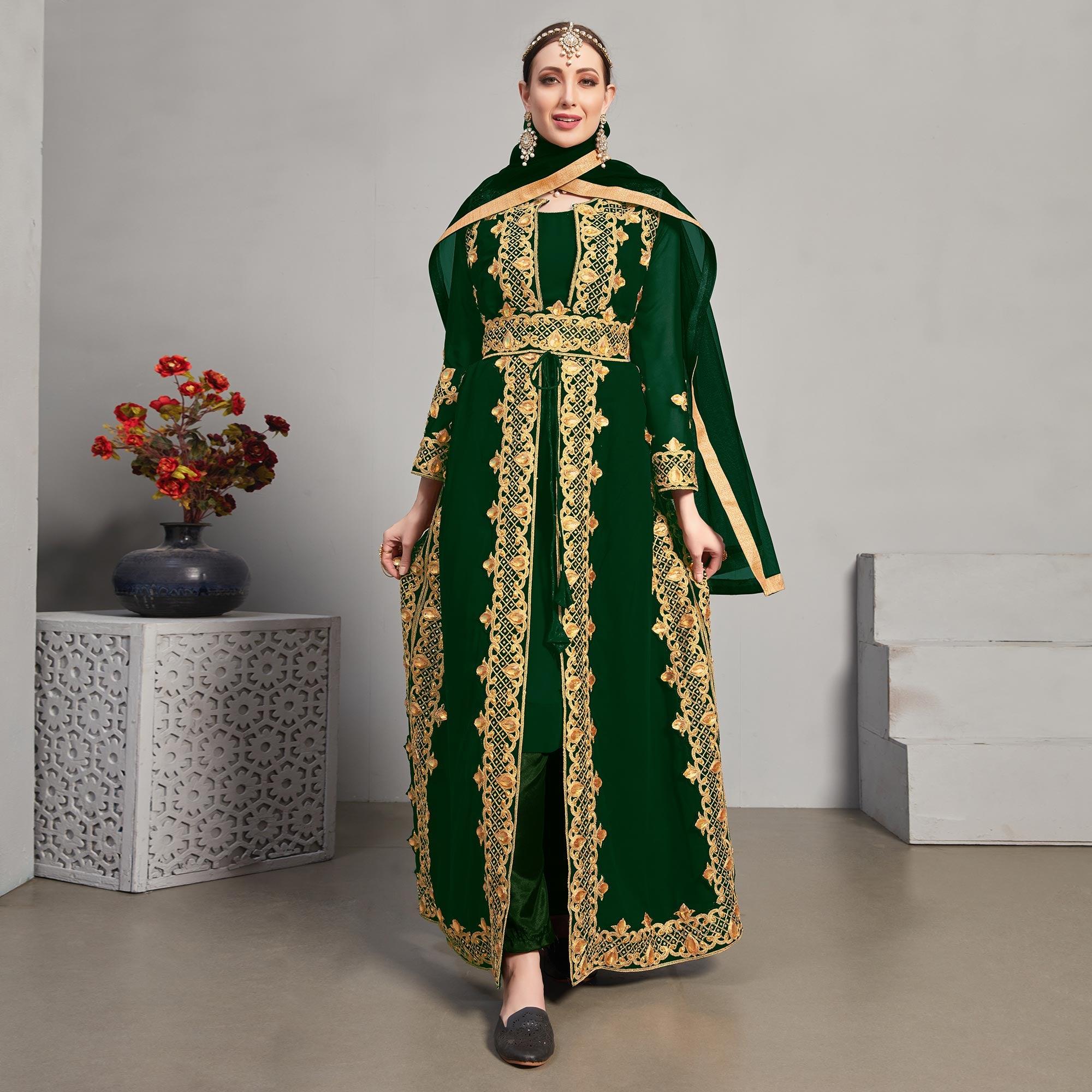 Green Embroidery With Heavy Stonework Georgette Partywear Suit With Jacket - Peachmode