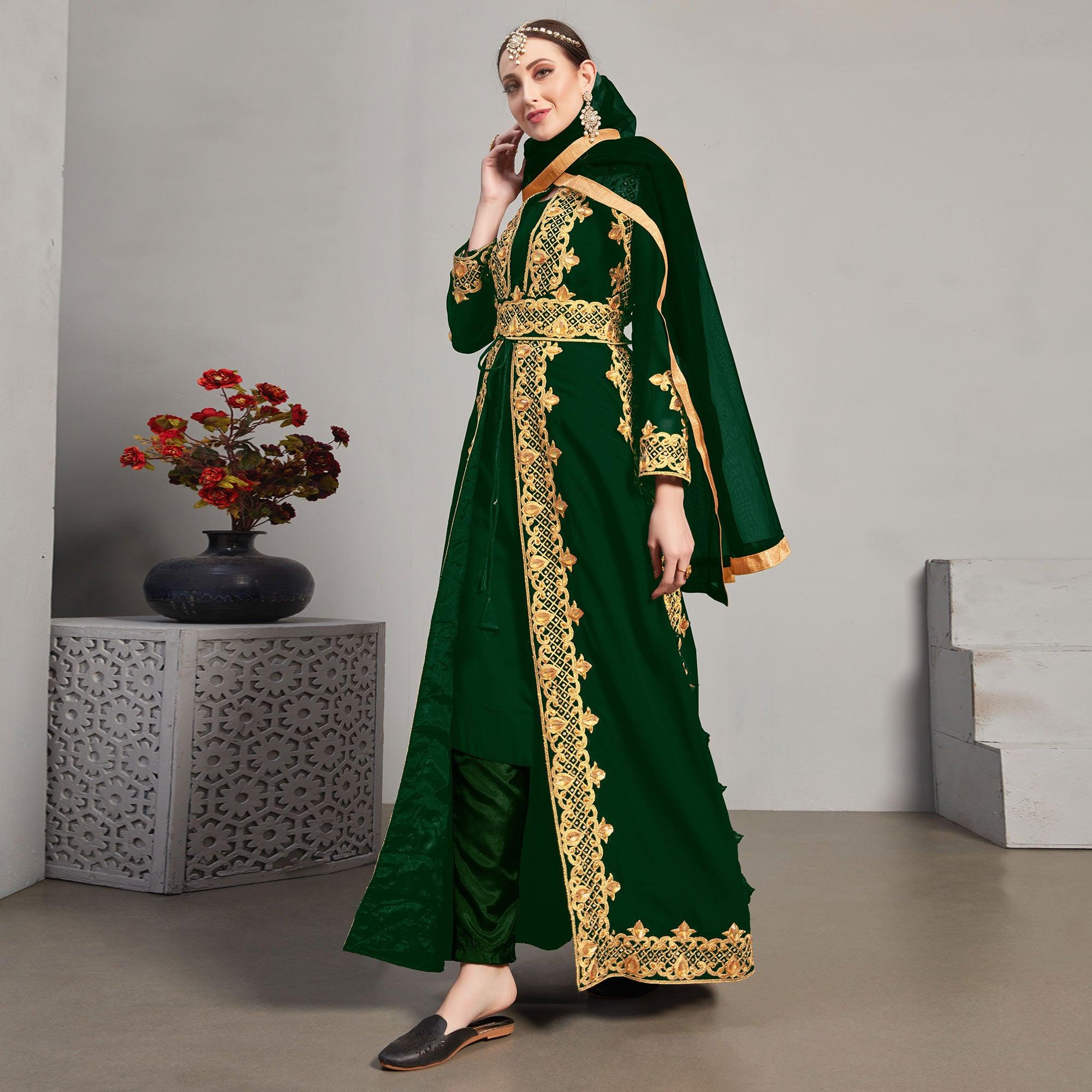 Green Embroidery With Heavy Stonework Georgette Partywear Suit With Jacket - Peachmode