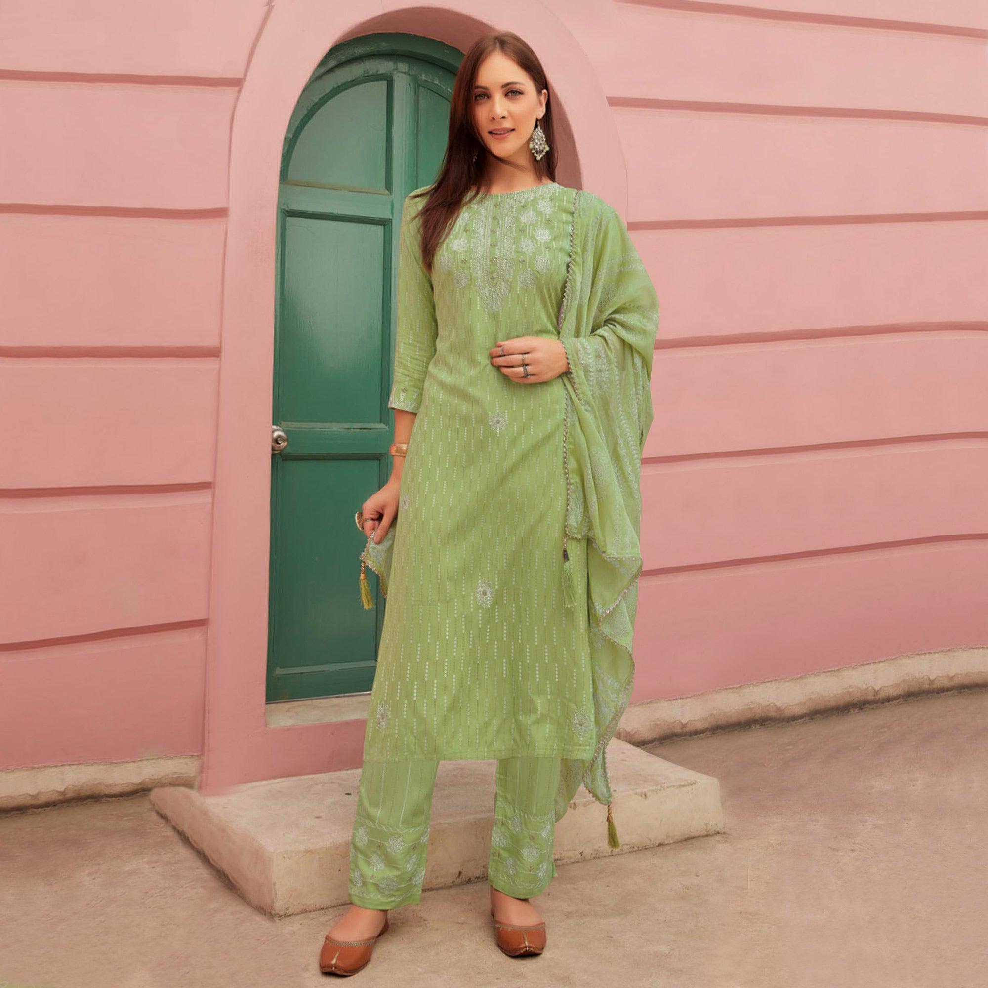 Green Embroidery With Printed Pure Cotton Kurti Pant Set With Dupatta - Peachmode