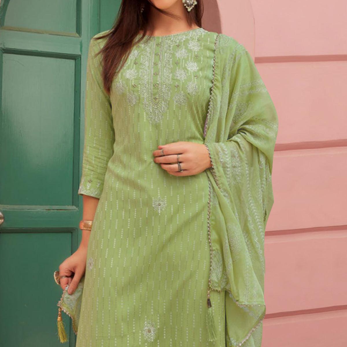 Green Embroidery With Printed Pure Cotton Kurti Pant Set With Dupatta - Peachmode