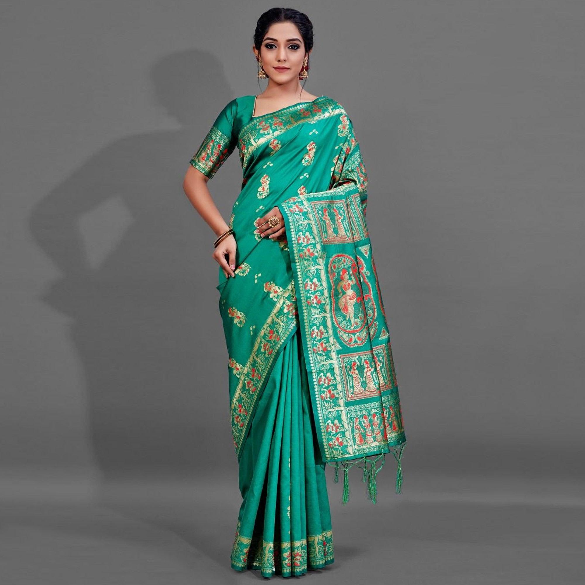 Green Festive Art Silk Saree With Unstitched Blouse - Peachmode