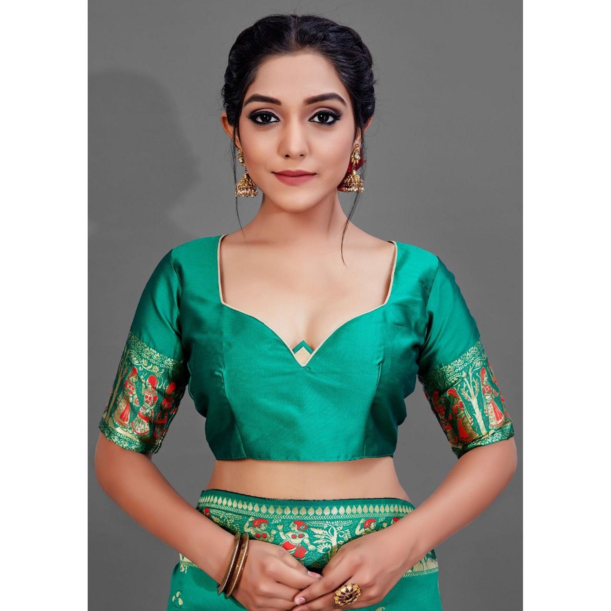 Green Festive Art Silk Saree With Unstitched Blouse - Peachmode