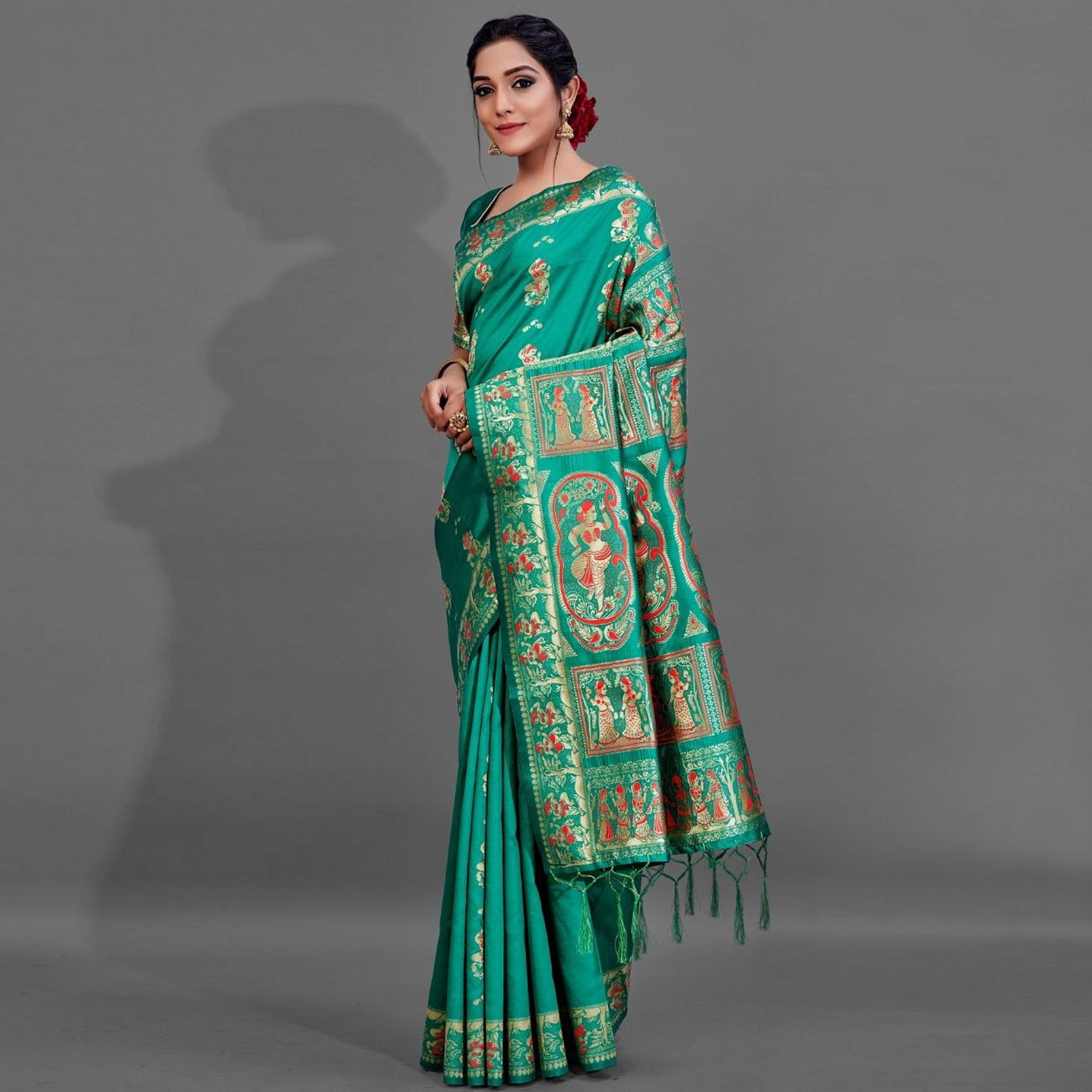 Green Festive Art Silk Saree With Unstitched Blouse - Peachmode