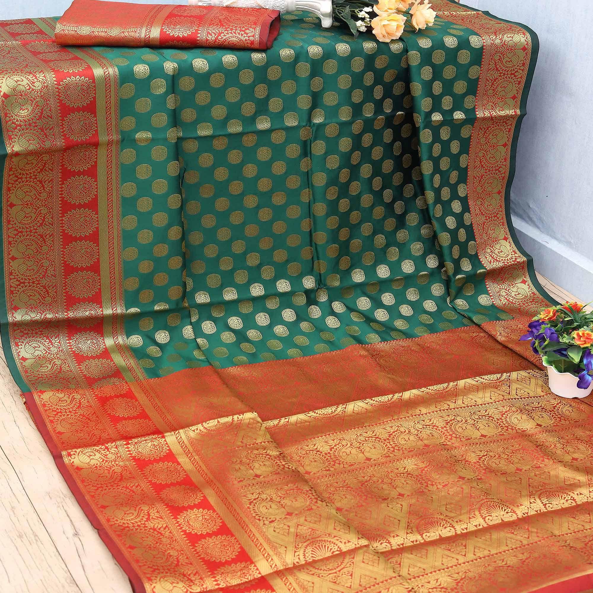 Green Festive Embroidered Kota Banarasi Art Silk Saree - Peachmode