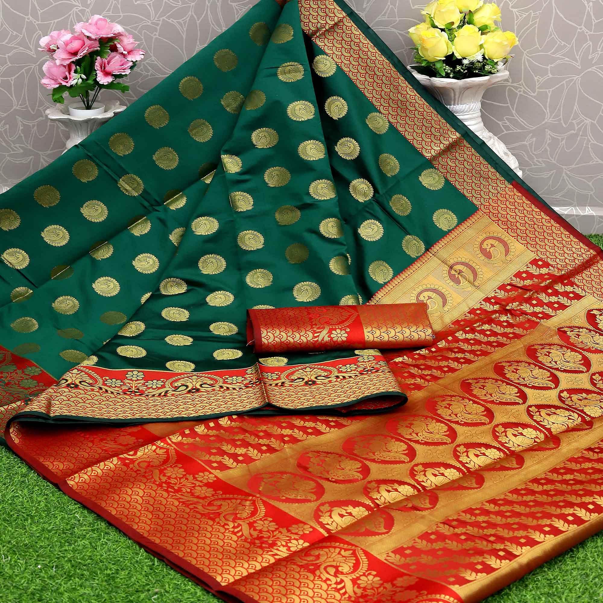 Green Festive Embroidered Kota Banarasi Art Silk Saree - Peachmode