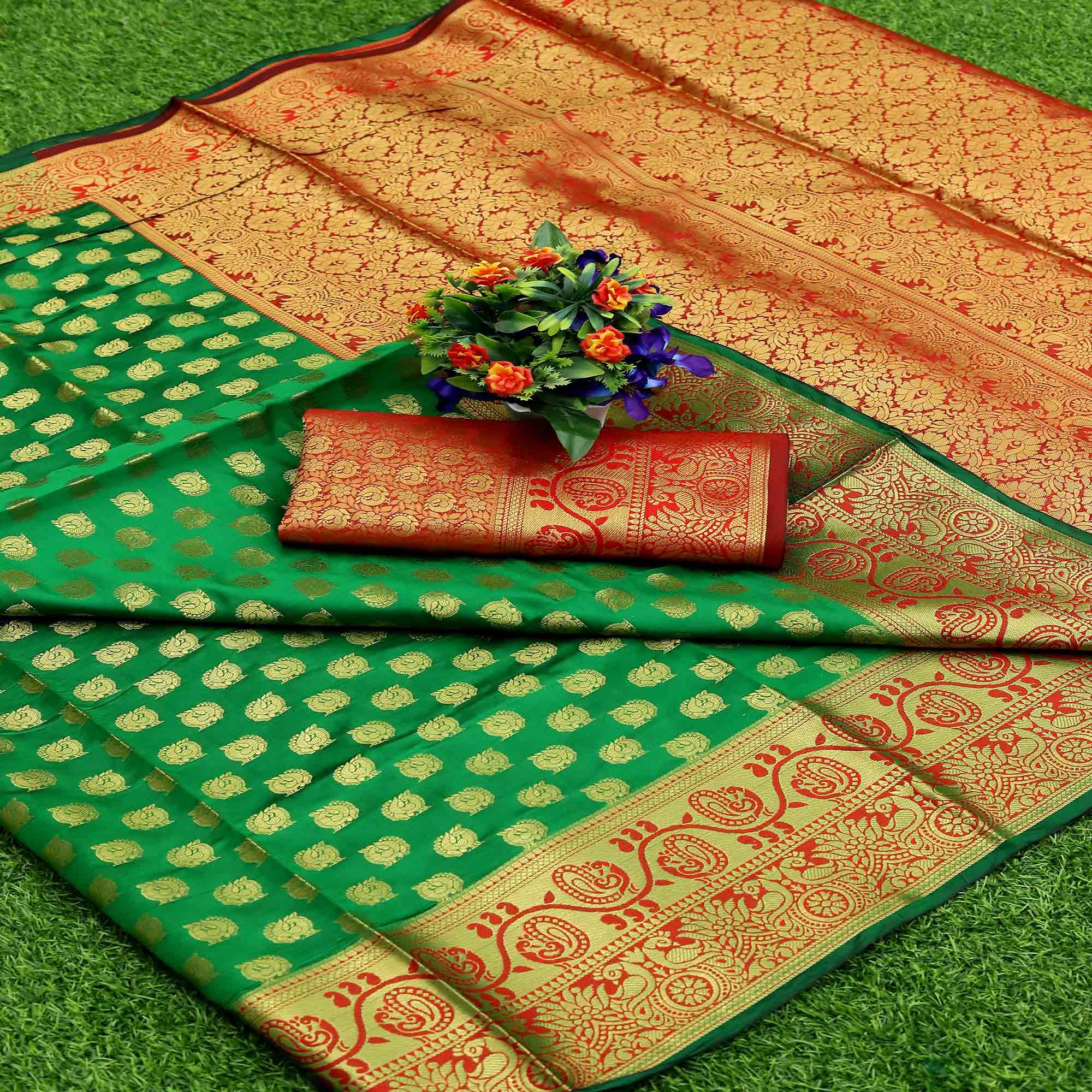 Green Festive Embroidered Kota Banarasi Art Silk Saree - Peachmode