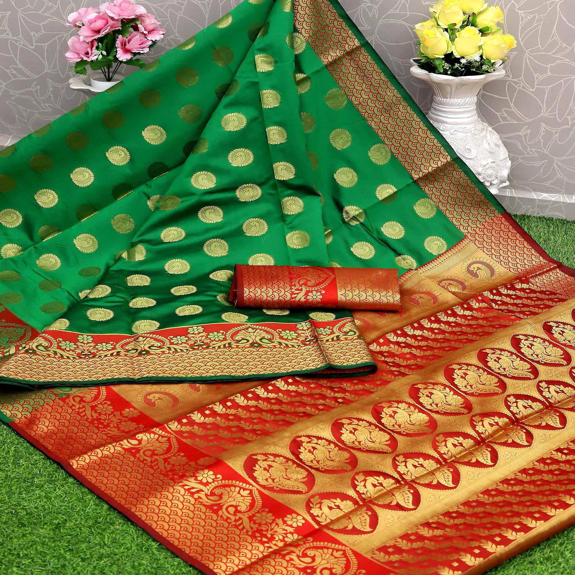 Green Festive Embroidered Kota Banarasi Art Silk Saree - Peachmode
