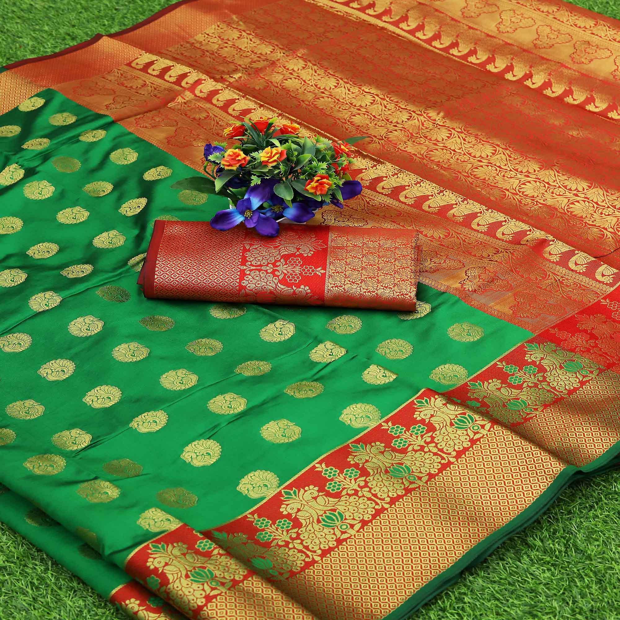 Green Festive Embroidered Kota Banarasi Art Silk Saree - Peachmode