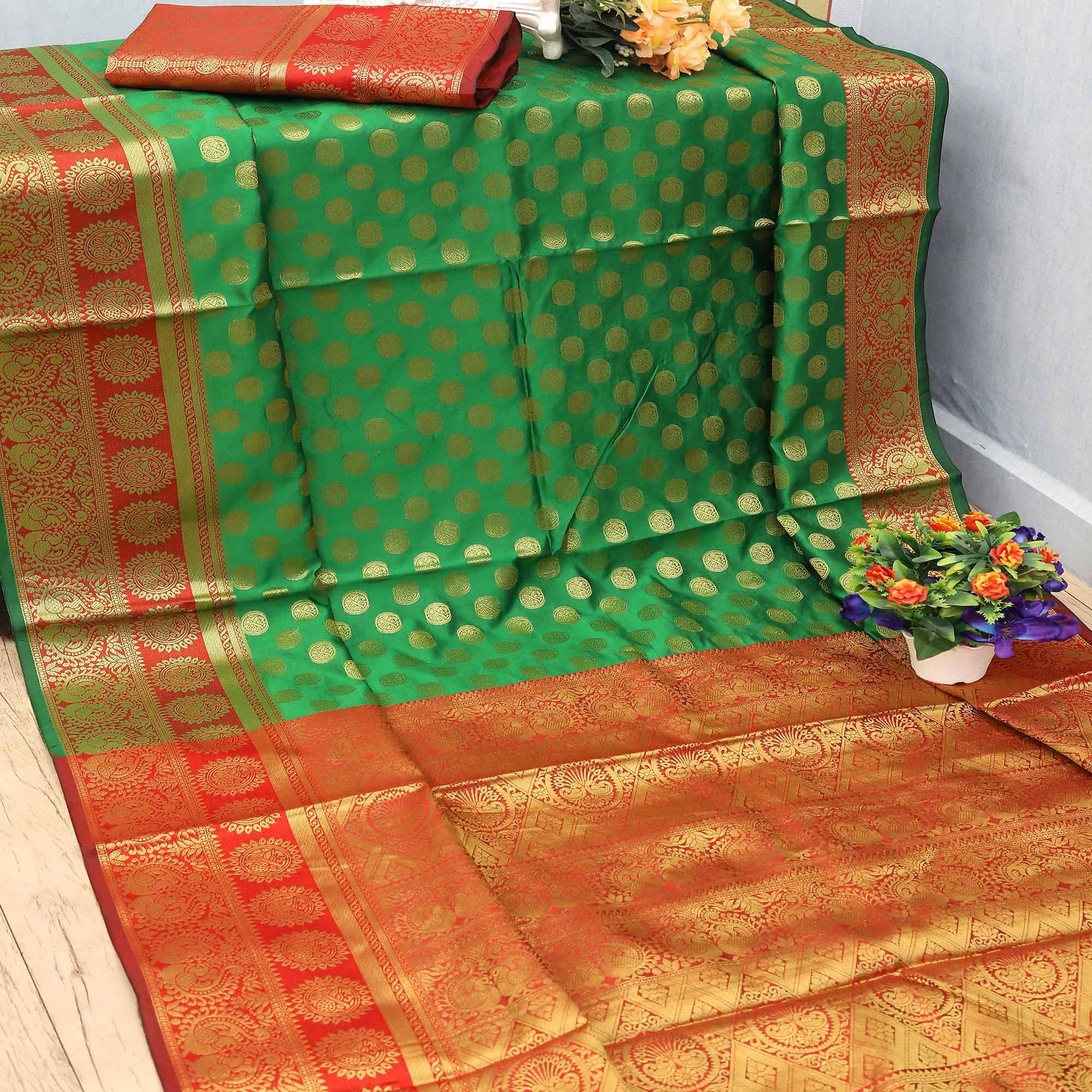 Green Festive Embroidered Kota Banarasi Art Silk Saree - Peachmode