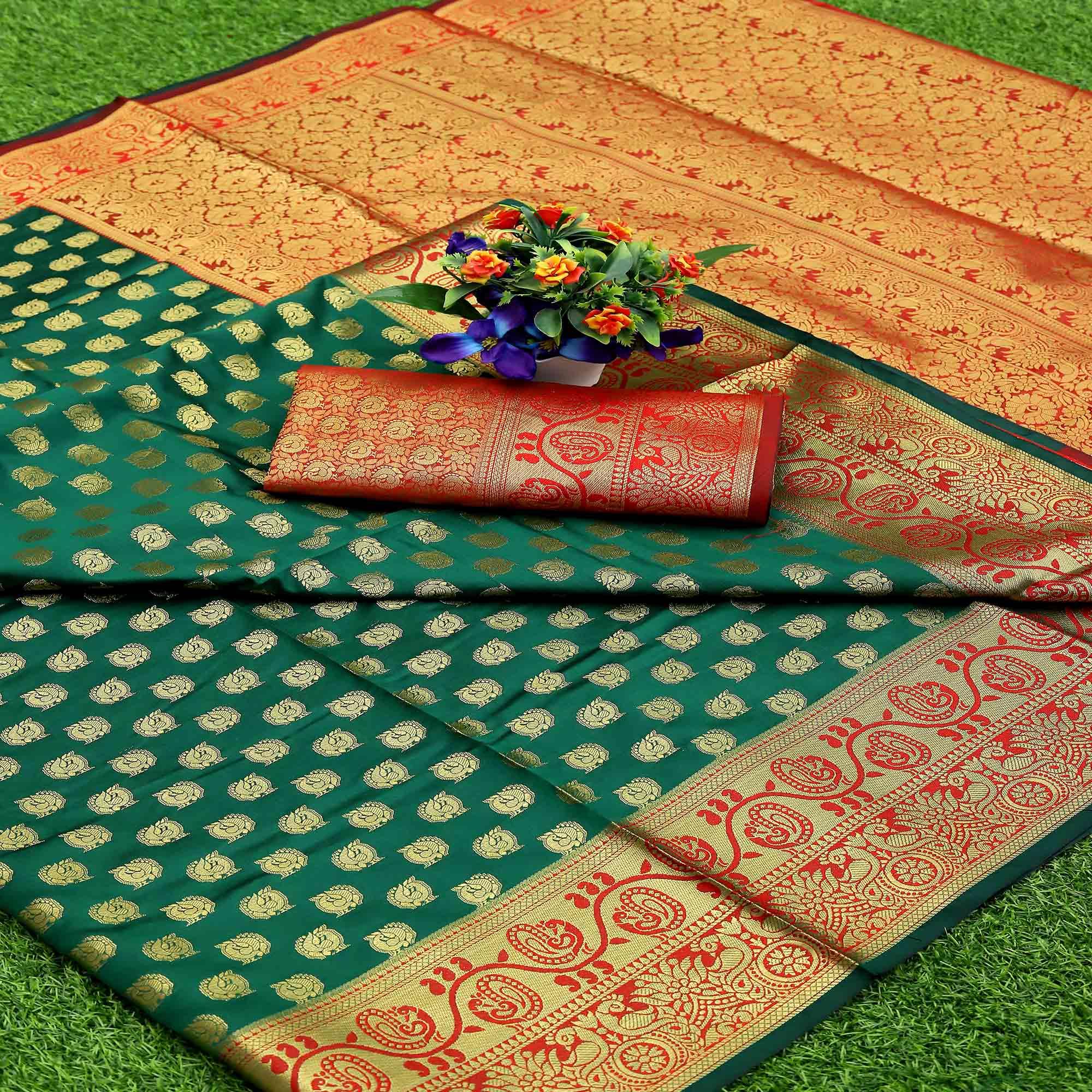 Green Festive Embroidered Kota Banarasi Art Silk Saree - Peachmode