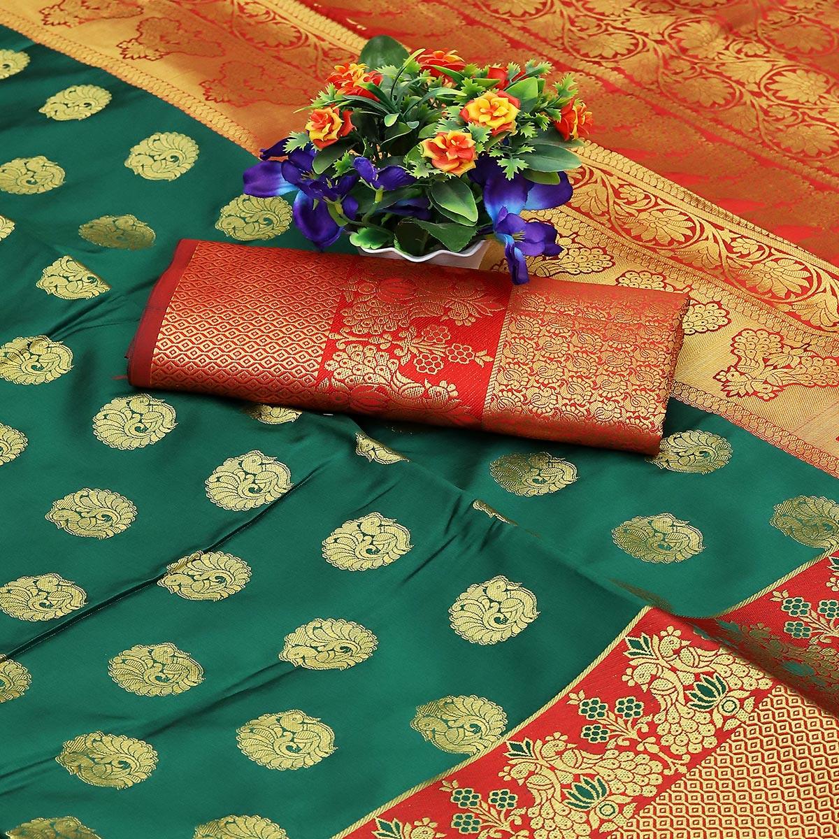 Green Festive Embroidered Kota Banarasi Art Silk Saree - Peachmode