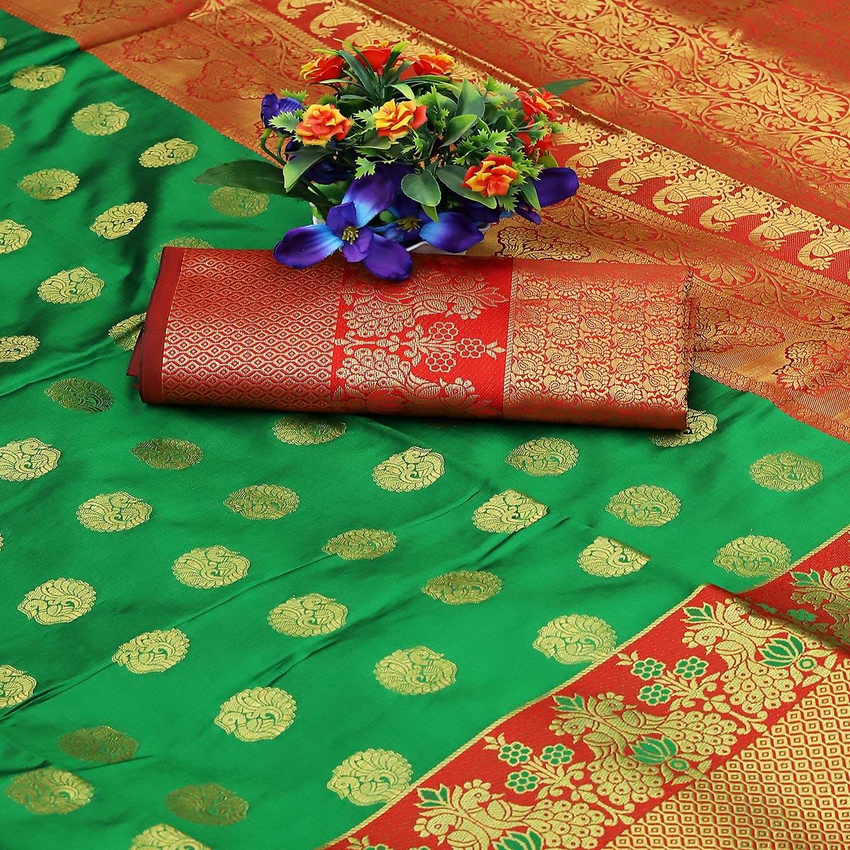 Green Festive Embroidered Kota Banarasi Art Silk Saree - Peachmode