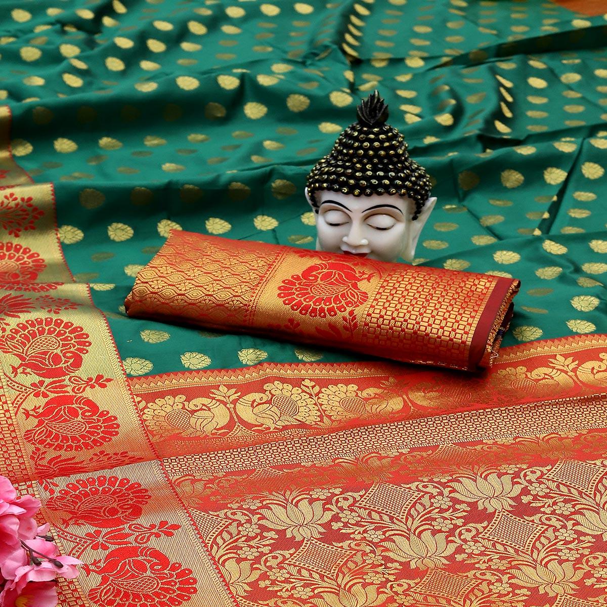 Green Festive Embroidered Kota Banarasi Art Silk Saree - Peachmode