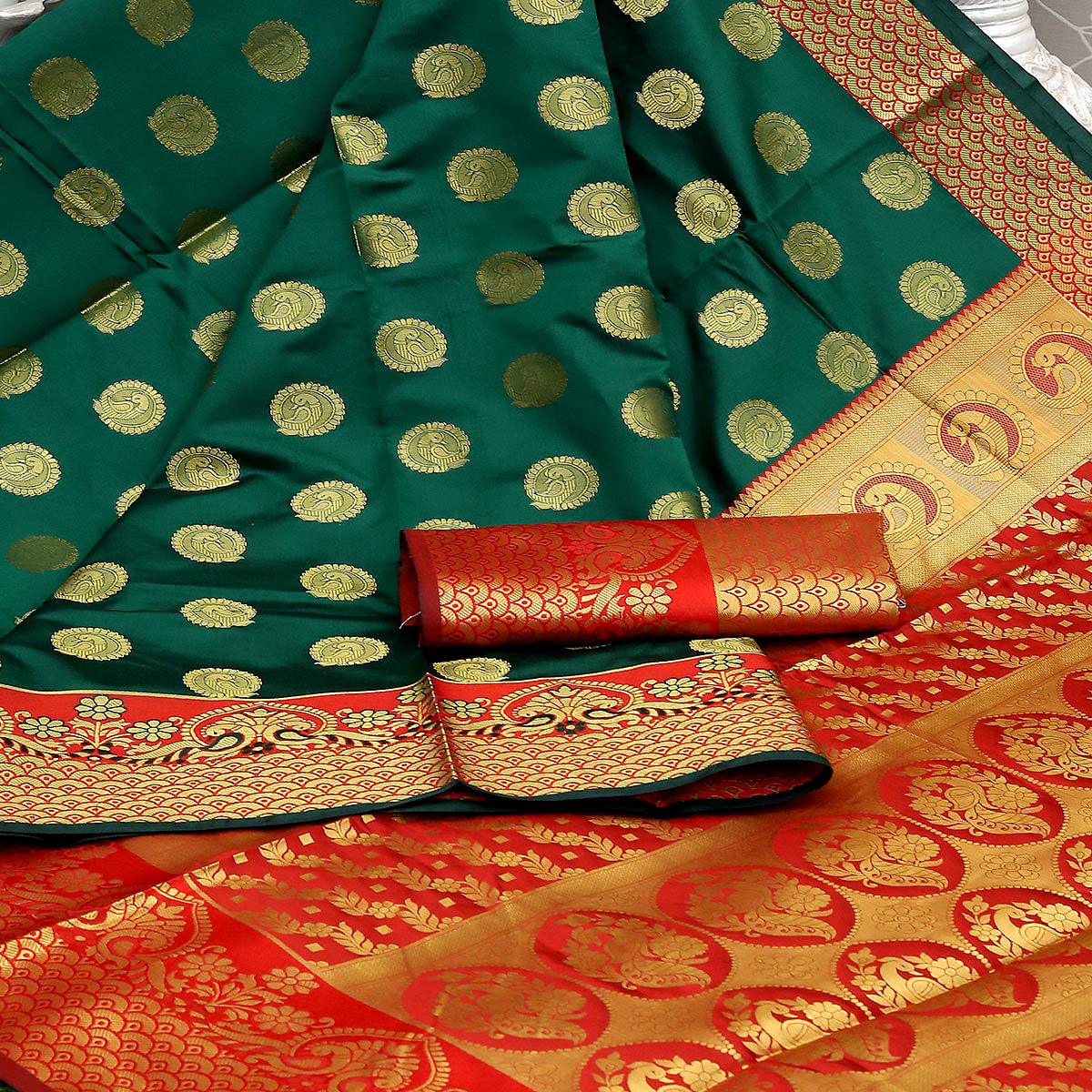 Green Festive Embroidered Kota Banarasi Art Silk Saree - Peachmode