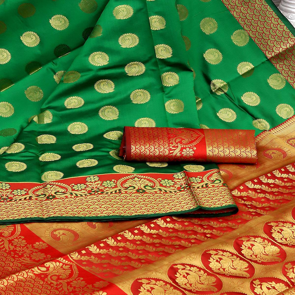 Green Festive Embroidered Kota Banarasi Art Silk Saree - Peachmode
