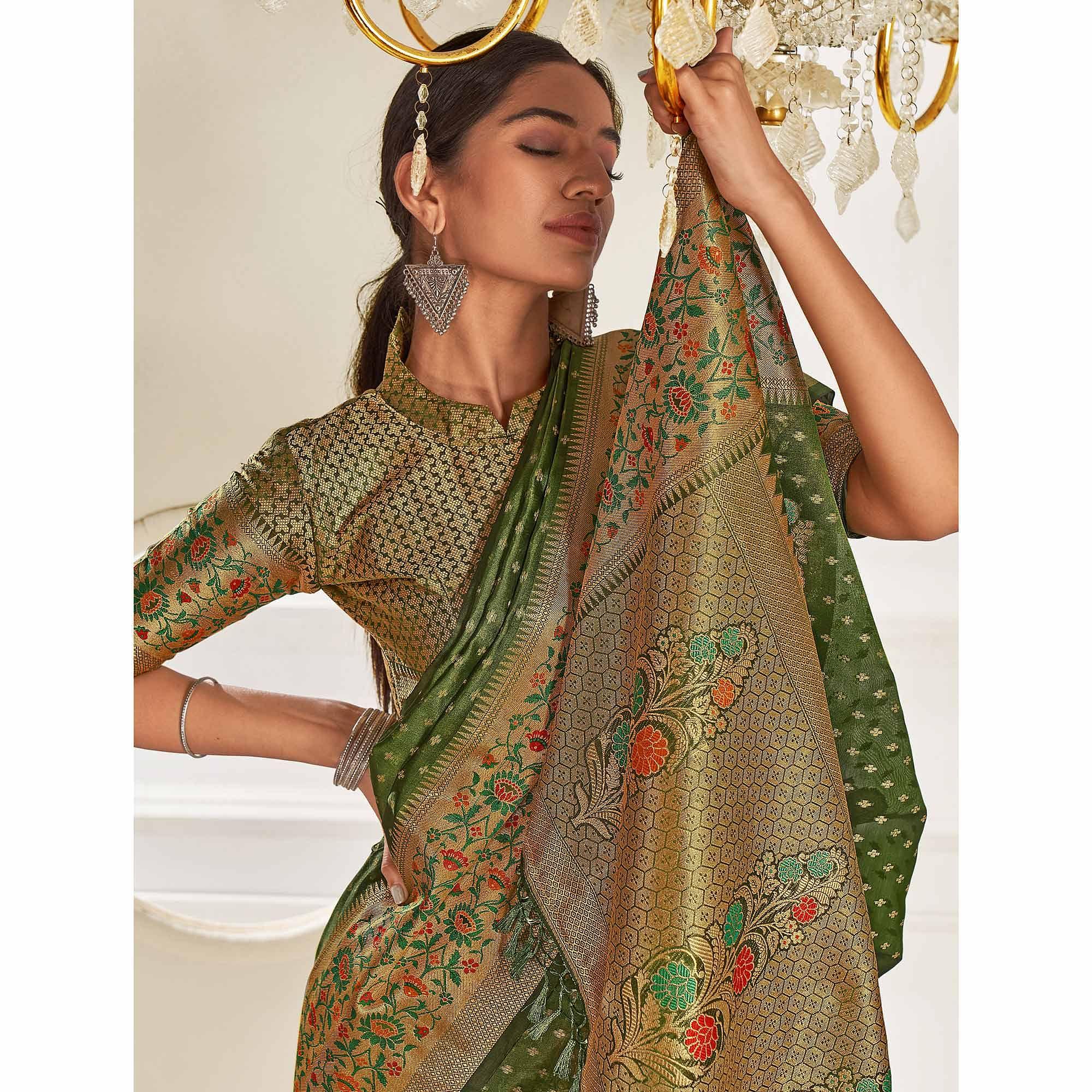 Green Festive Wear Banarasi Woven Organza Saree - Peachmode