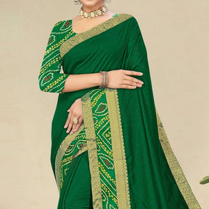 Green Festive Wear Bandhani Printed Border Silk Designer Saree - Peachmode