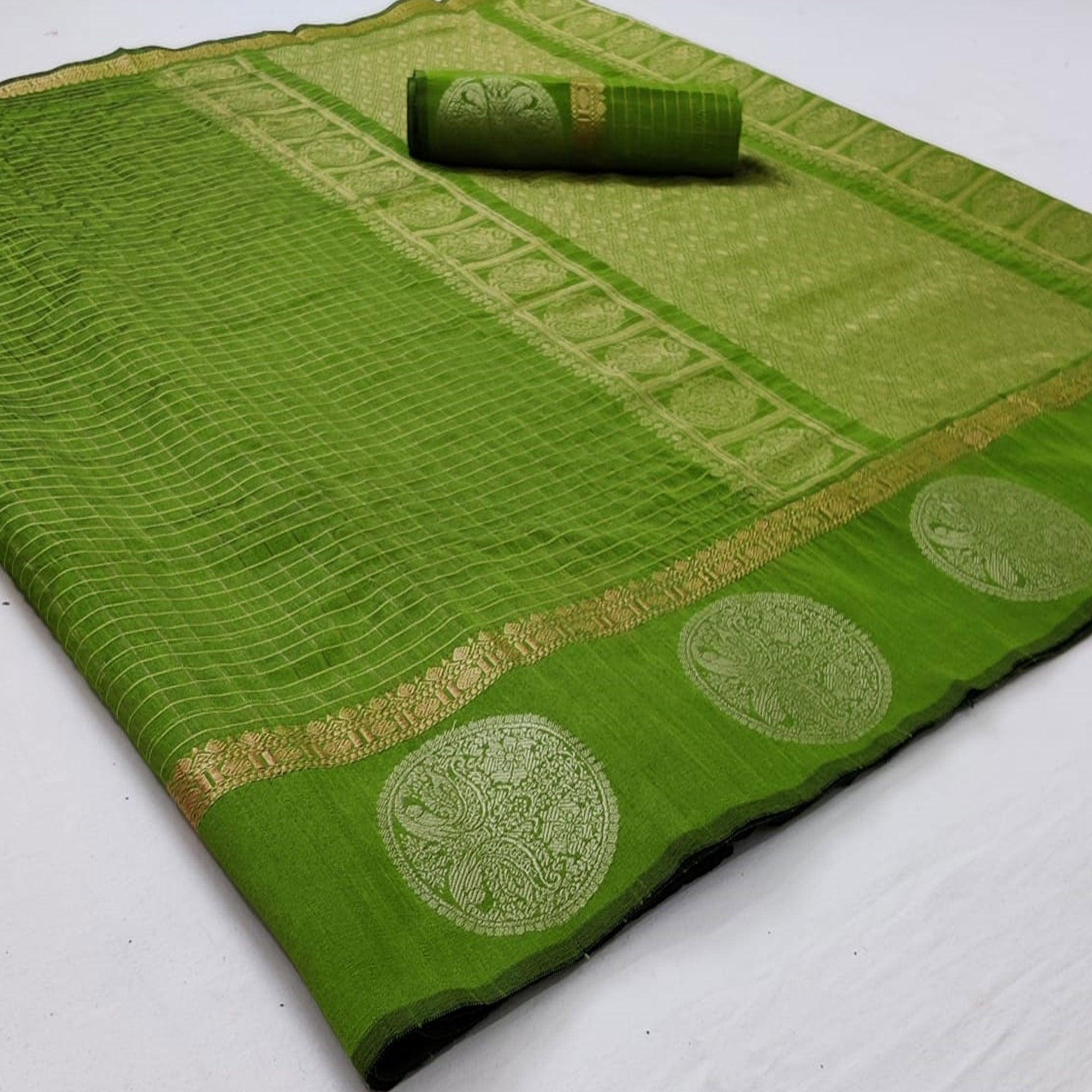 Green Festive Wear Checks Pattern Woven Silk Saree - Peachmode