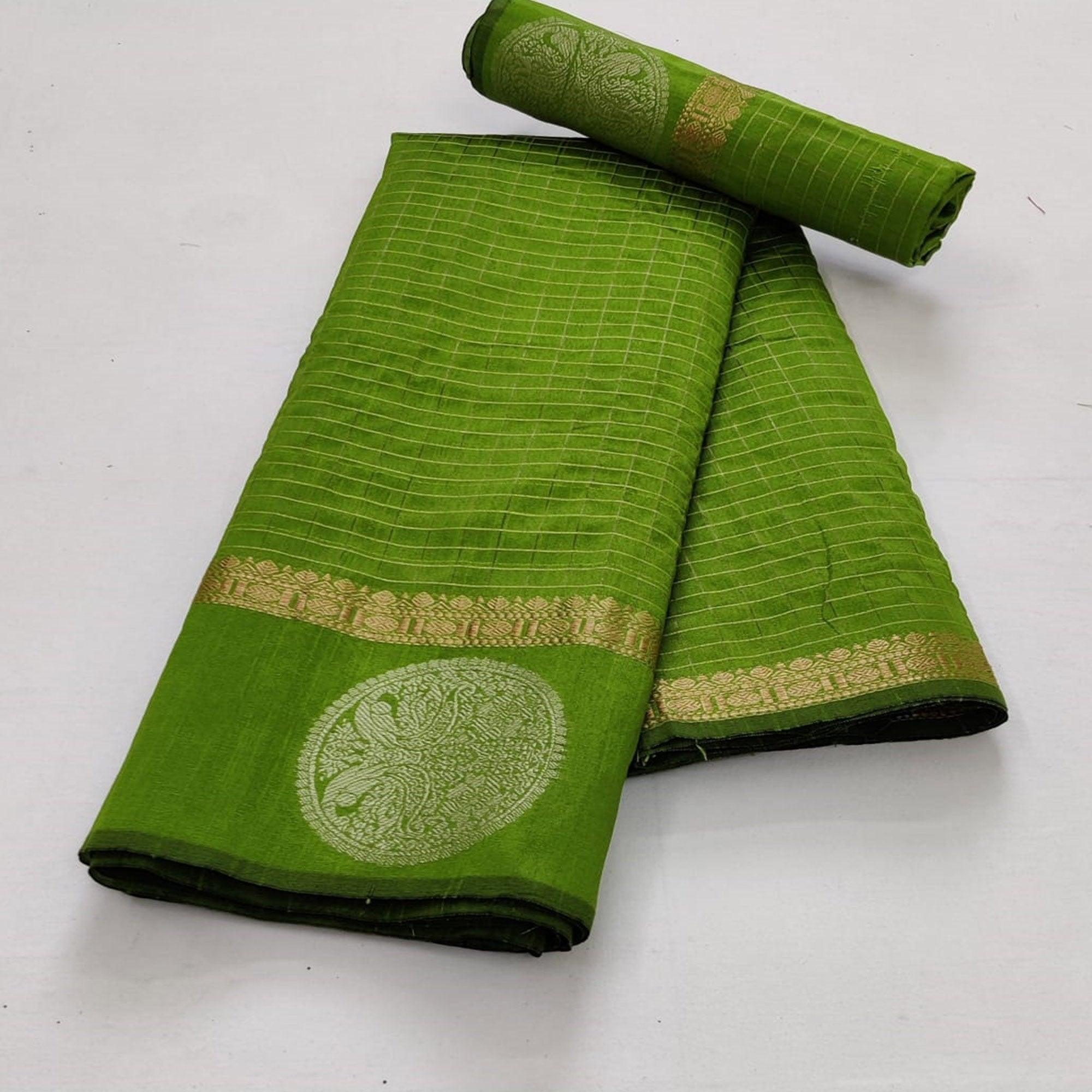 Green Festive Wear Checks Pattern Woven Silk Saree - Peachmode
