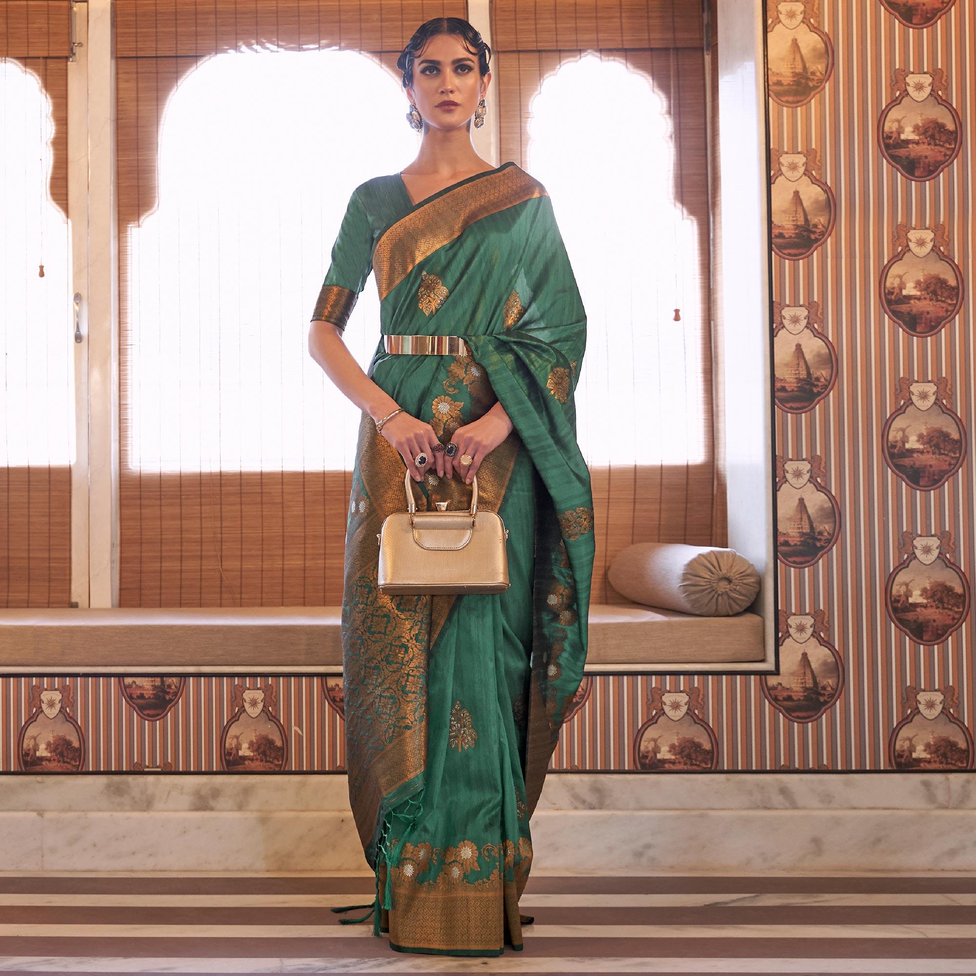 Green Festive Wear Copper Zari Weaving Tussar Silk Saree With Tassels - Peachmode