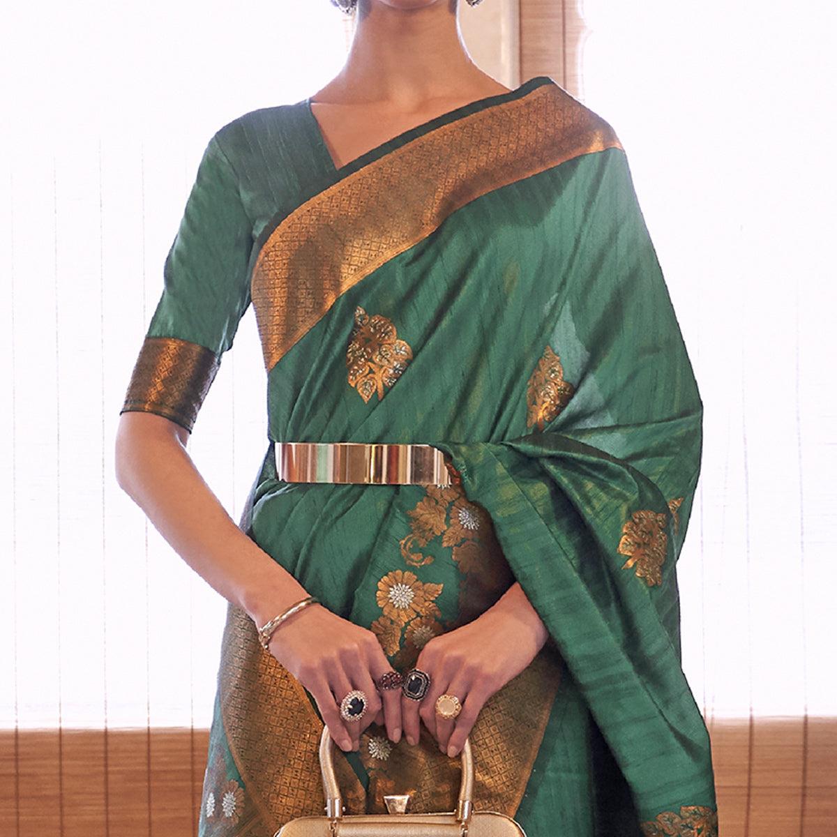 Green Festive Wear Copper Zari Weaving Tussar Silk Saree With Tassels - Peachmode