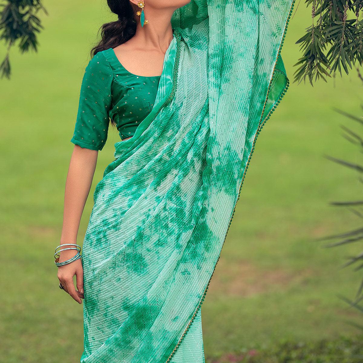 Green Festive Wear Crochet Work Georgette Saree - Peachmode