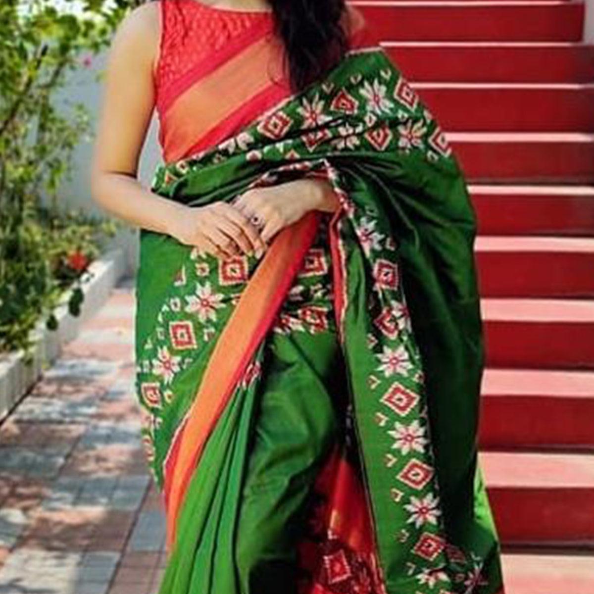 Green Festive Wear Designer Hand Block Printed Cotton Linen Saree - Peachmode