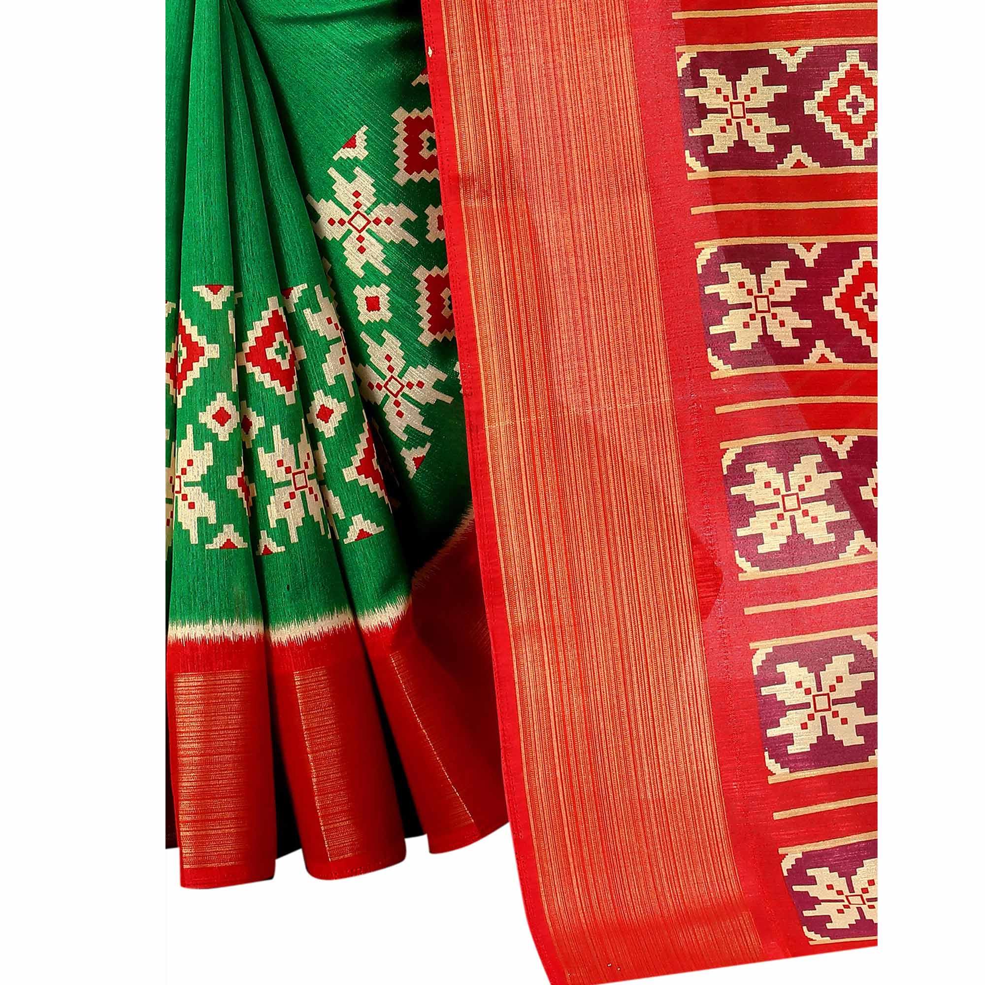 Green Festive Wear Designer Hand Block Printed Cotton Linen Saree - Peachmode