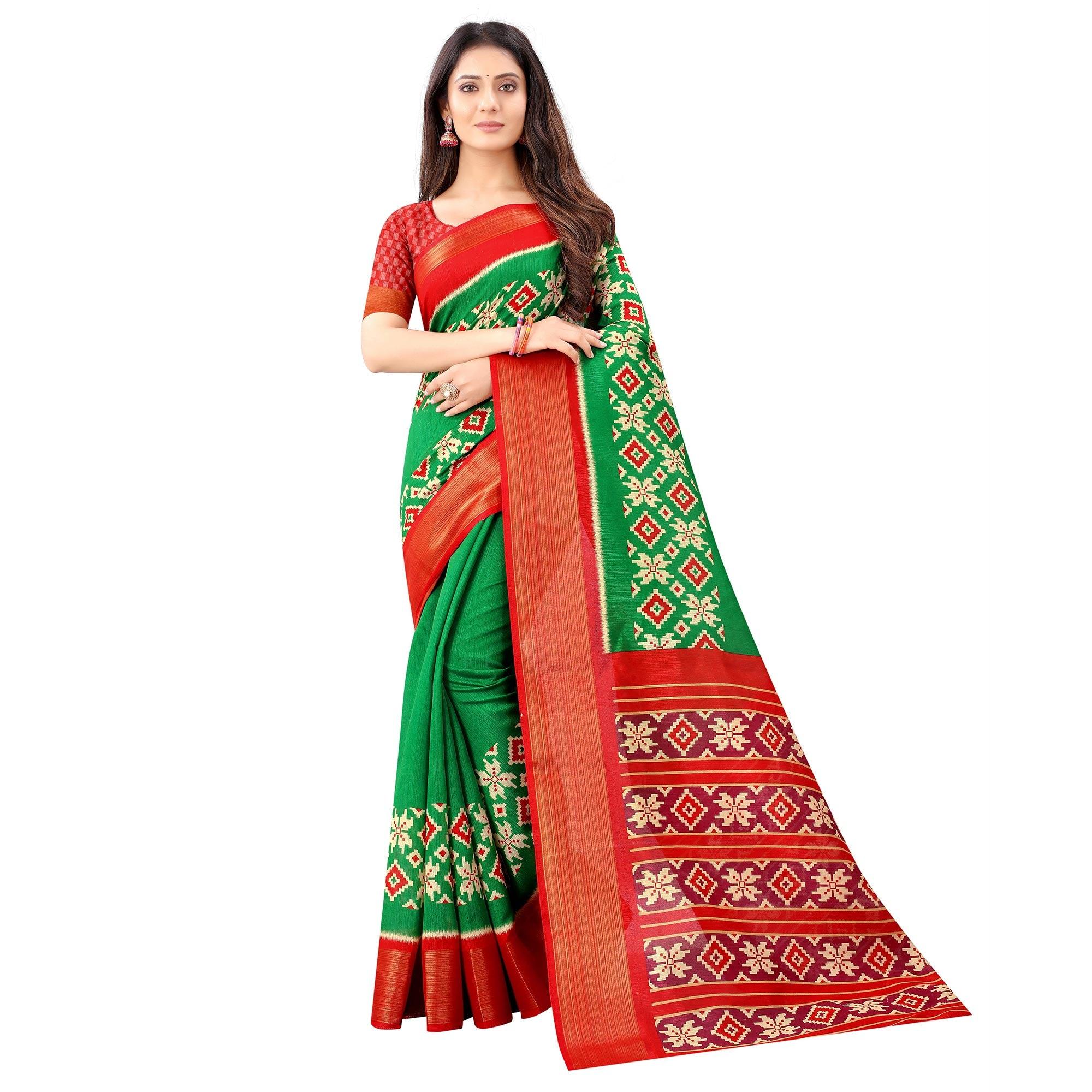 Green Festive Wear Designer Hand Block Printed Cotton Linen Saree - Peachmode