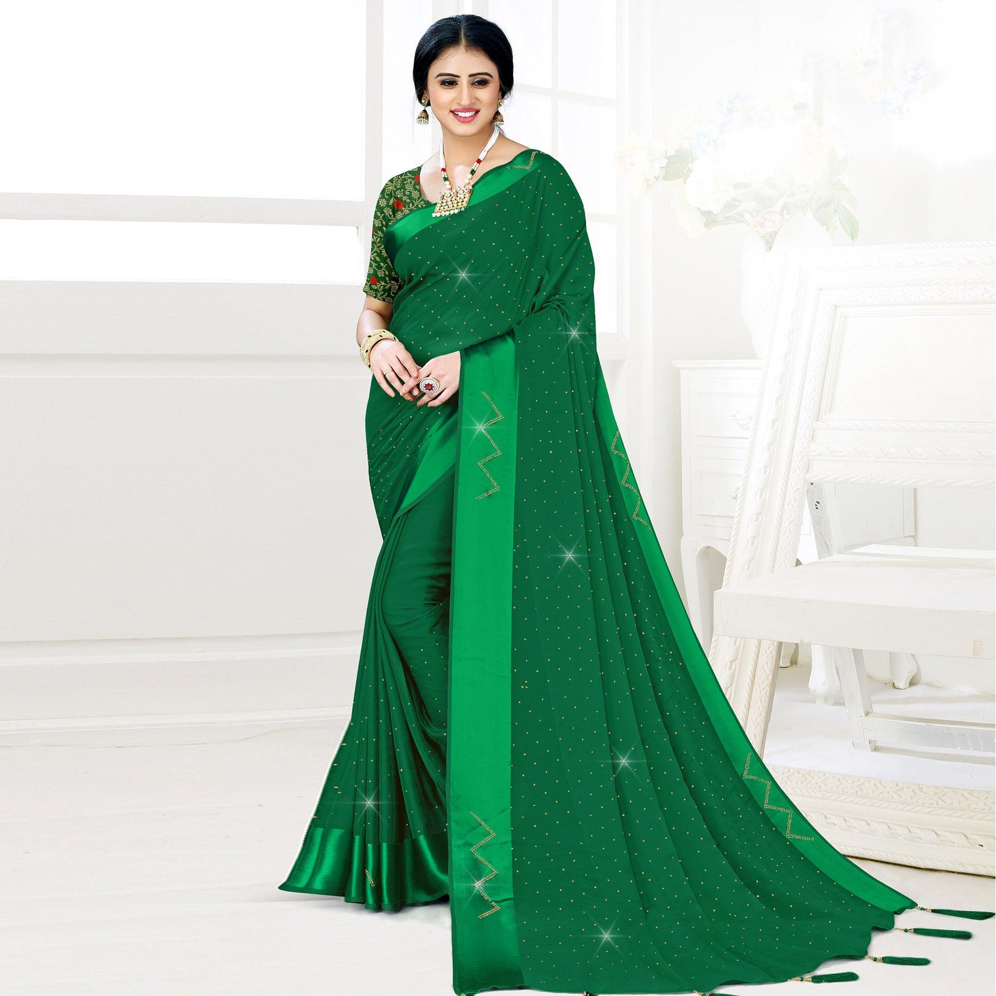 Green Festive Wear Diamond And Swarovski Soft Chiffon-Satin Saree - Peachmode