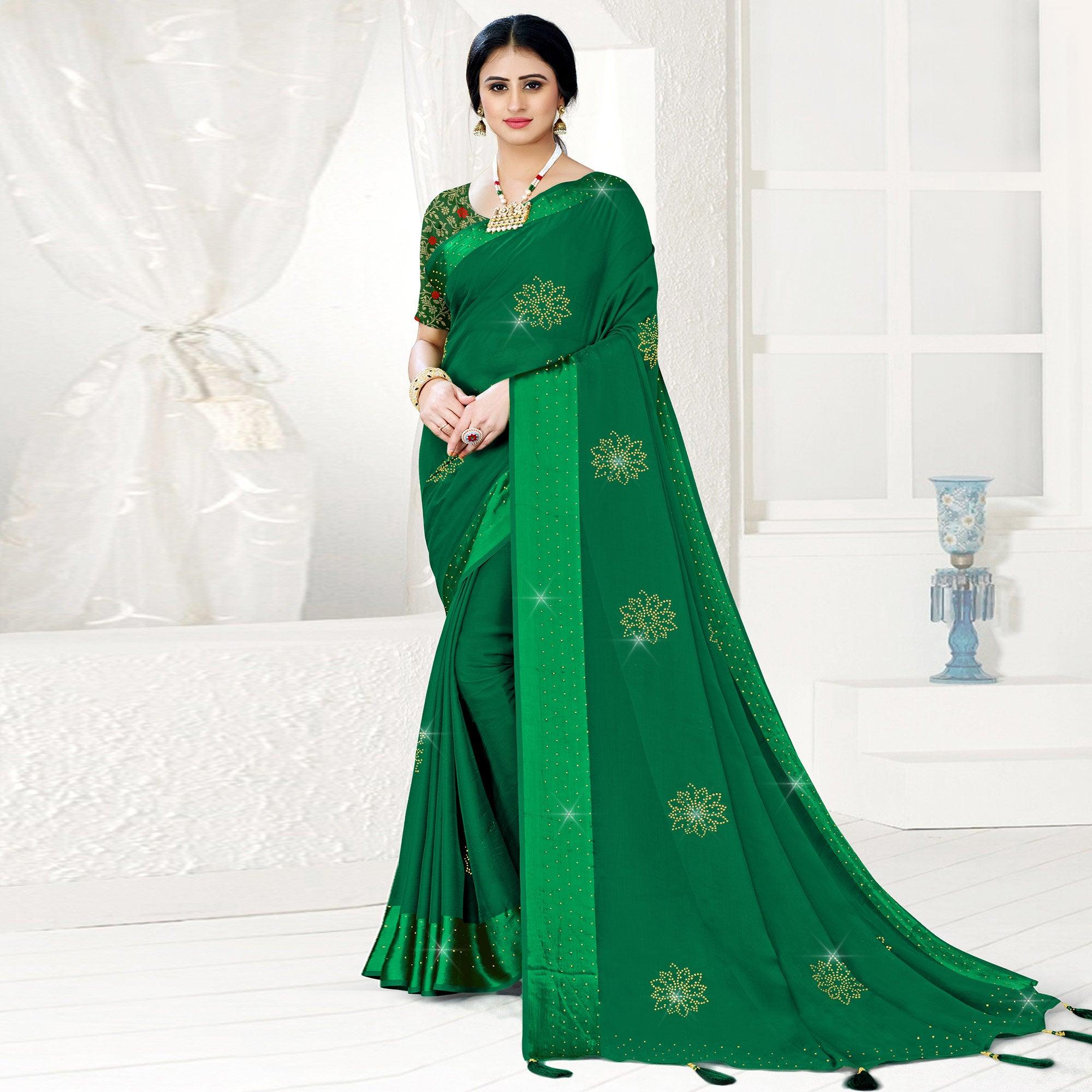 Green Festive Wear Diamond And Swarovski Soft Chiffon-Satin Saree - Peachmode