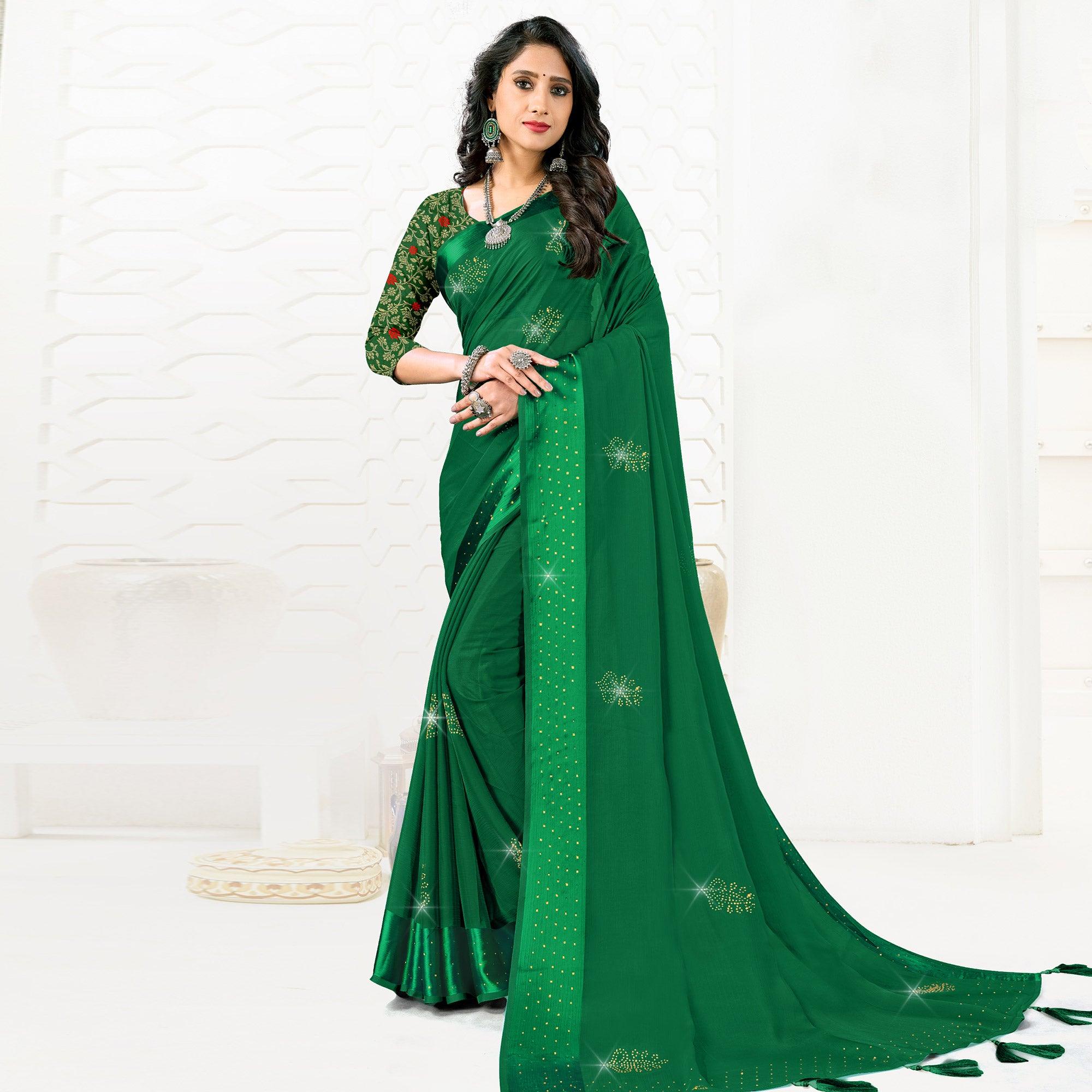 Green Festive Wear Diamond And Swarovski Soft Chiffon-Satin Saree - Peachmode