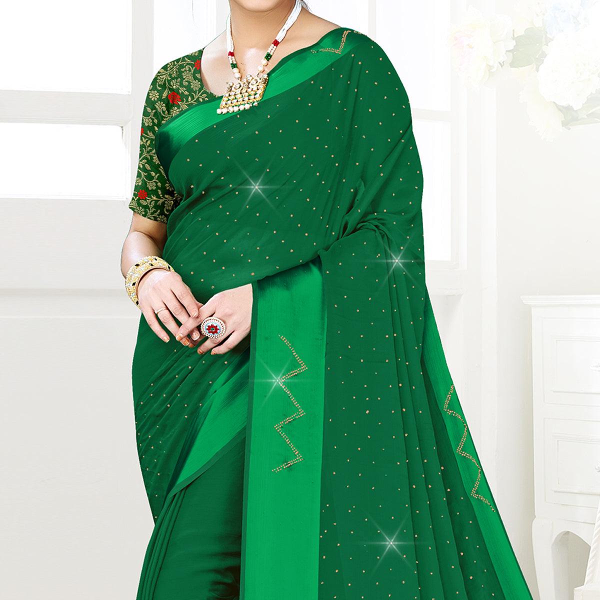 Green Festive Wear Diamond And Swarovski Soft Chiffon-Satin Saree - Peachmode