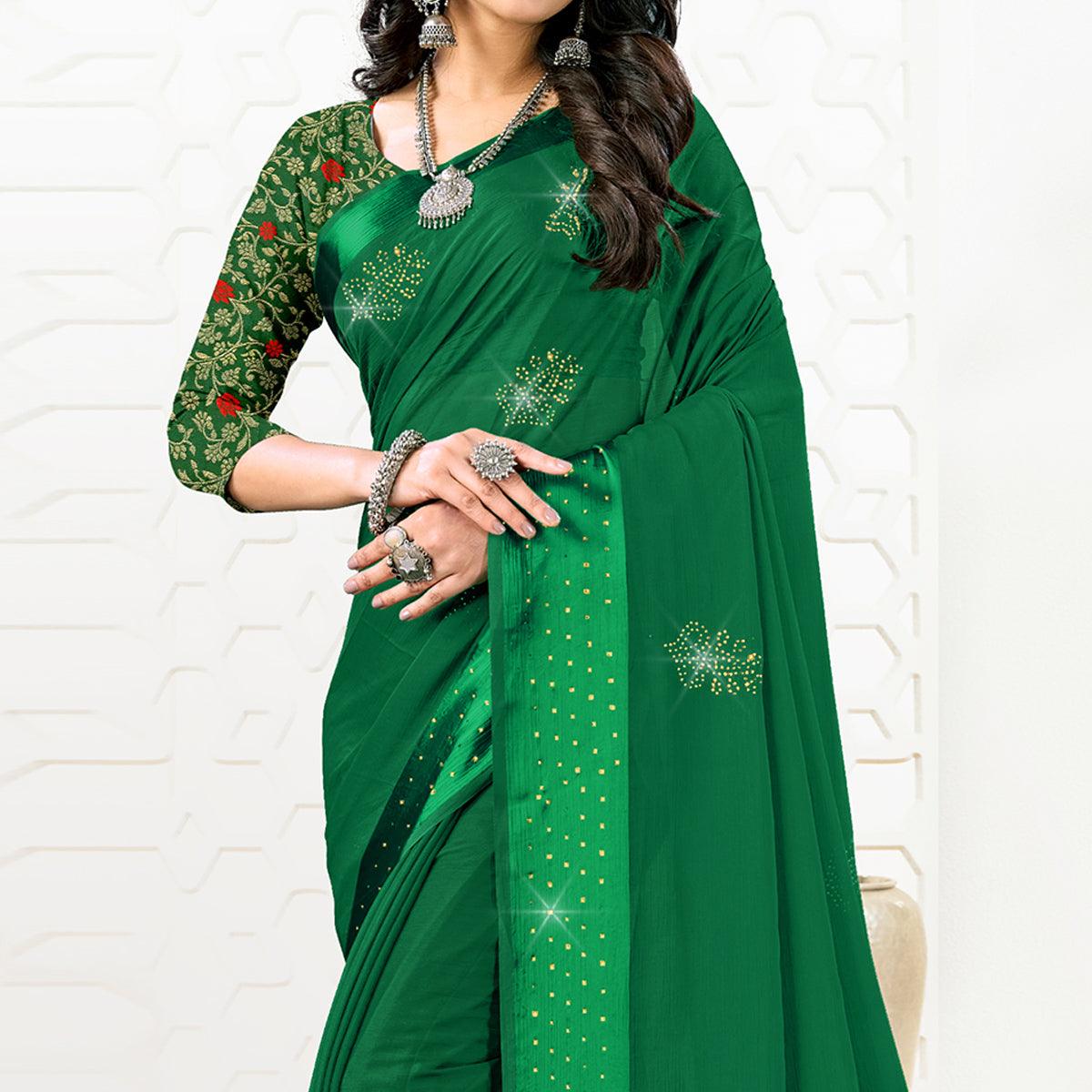Green Festive Wear Diamond And Swarovski Soft Chiffon-Satin Saree - Peachmode