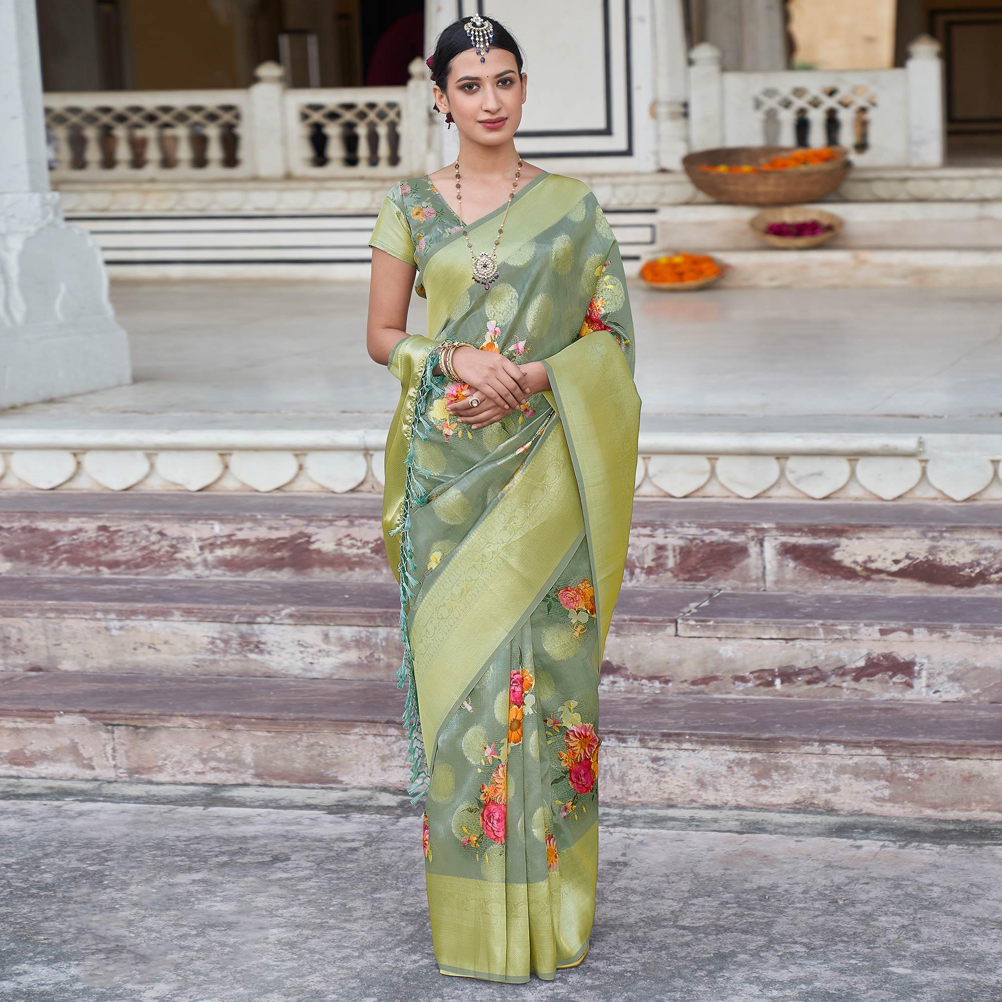 Green Festive Wear Digital Printed Jacquard Silk Saree - Peachmode