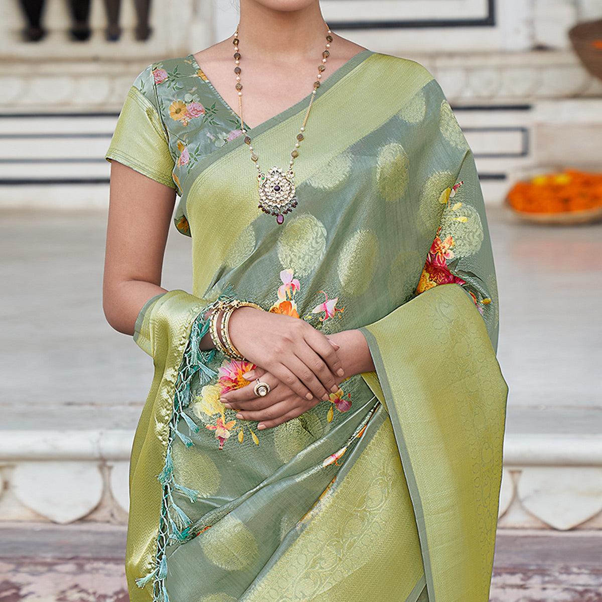 Green Festive Wear Digital Printed Jacquard Silk Saree - Peachmode