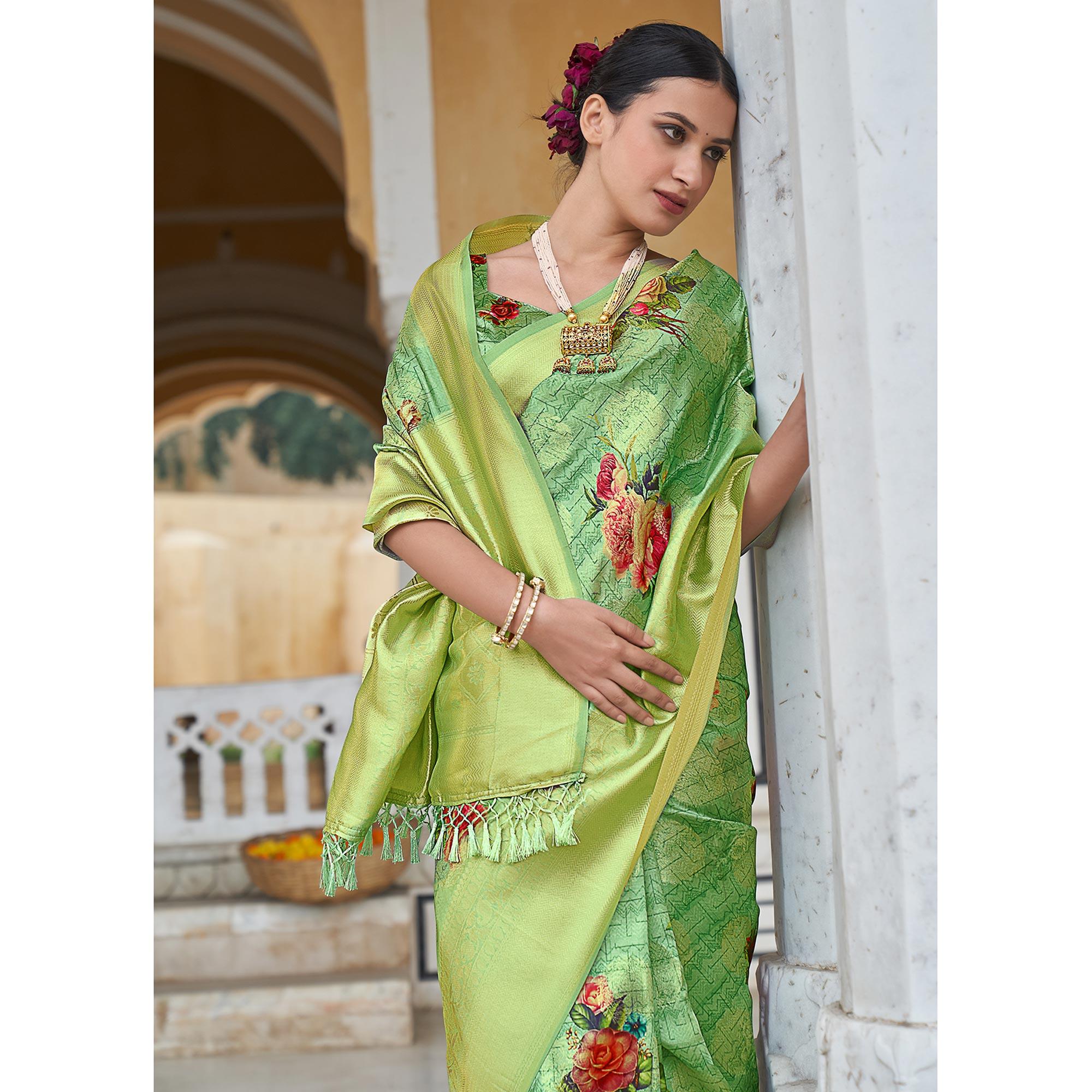 Green Festive Wear Digital Printed Jacquard Silk Saree - Peachmode