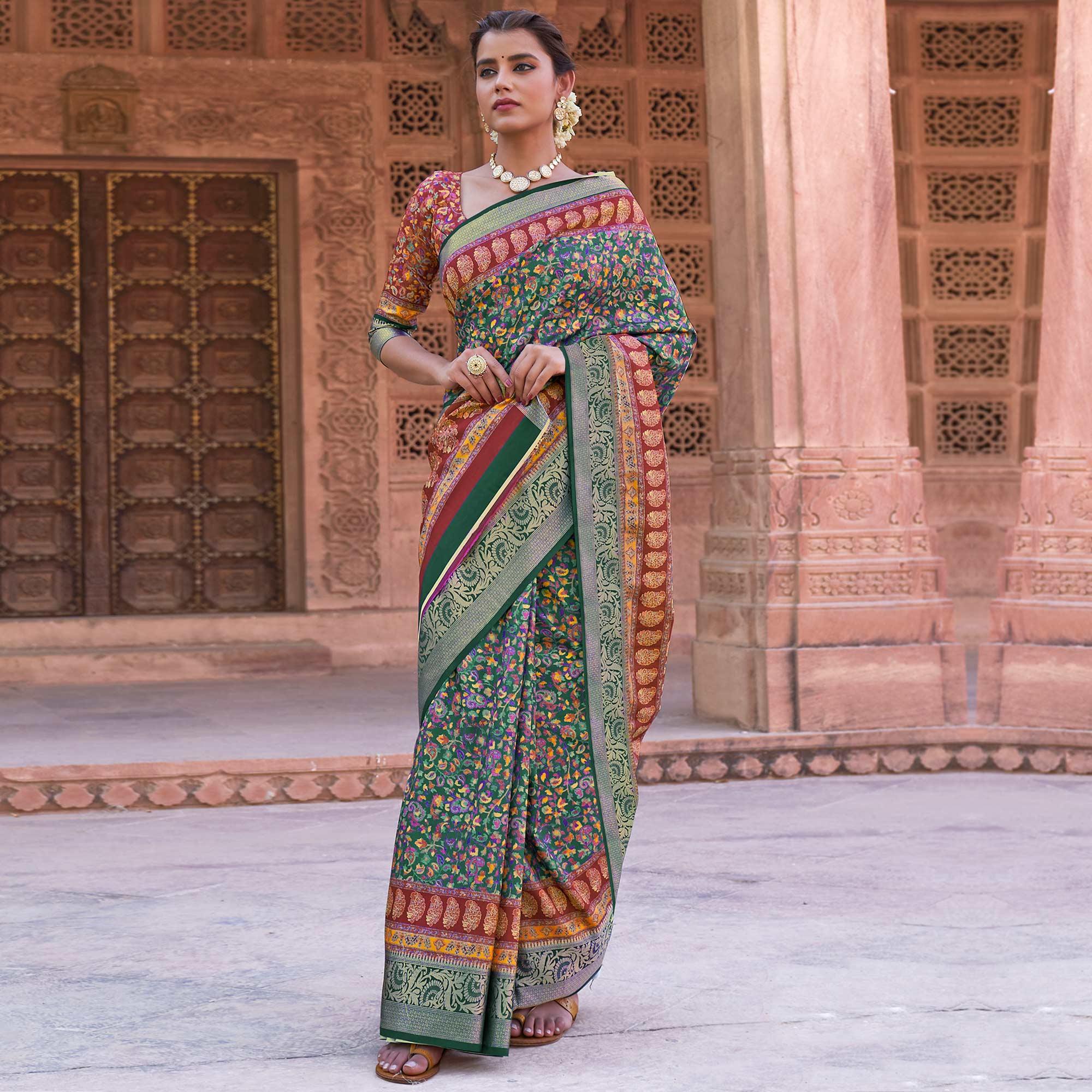 Green Festive Wear Digital Printed Soft Silk Saree With Viscose Zari Border - Peachmode