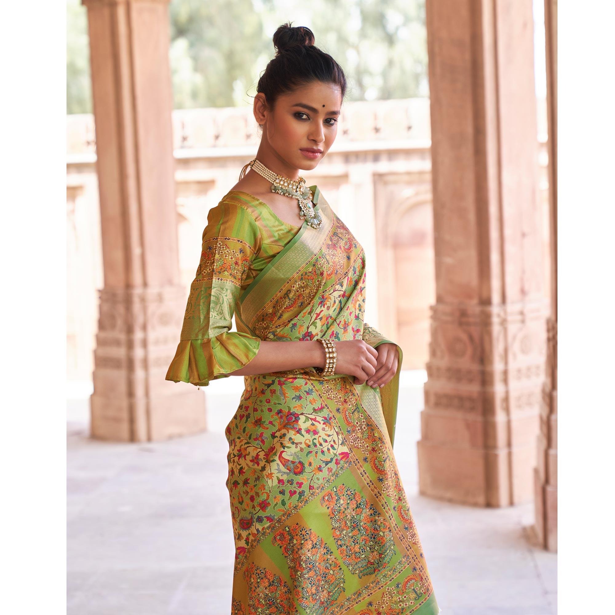 Green Festive Wear Digital Printed Soft Silk Saree With Viscose Zari Border - Peachmode
