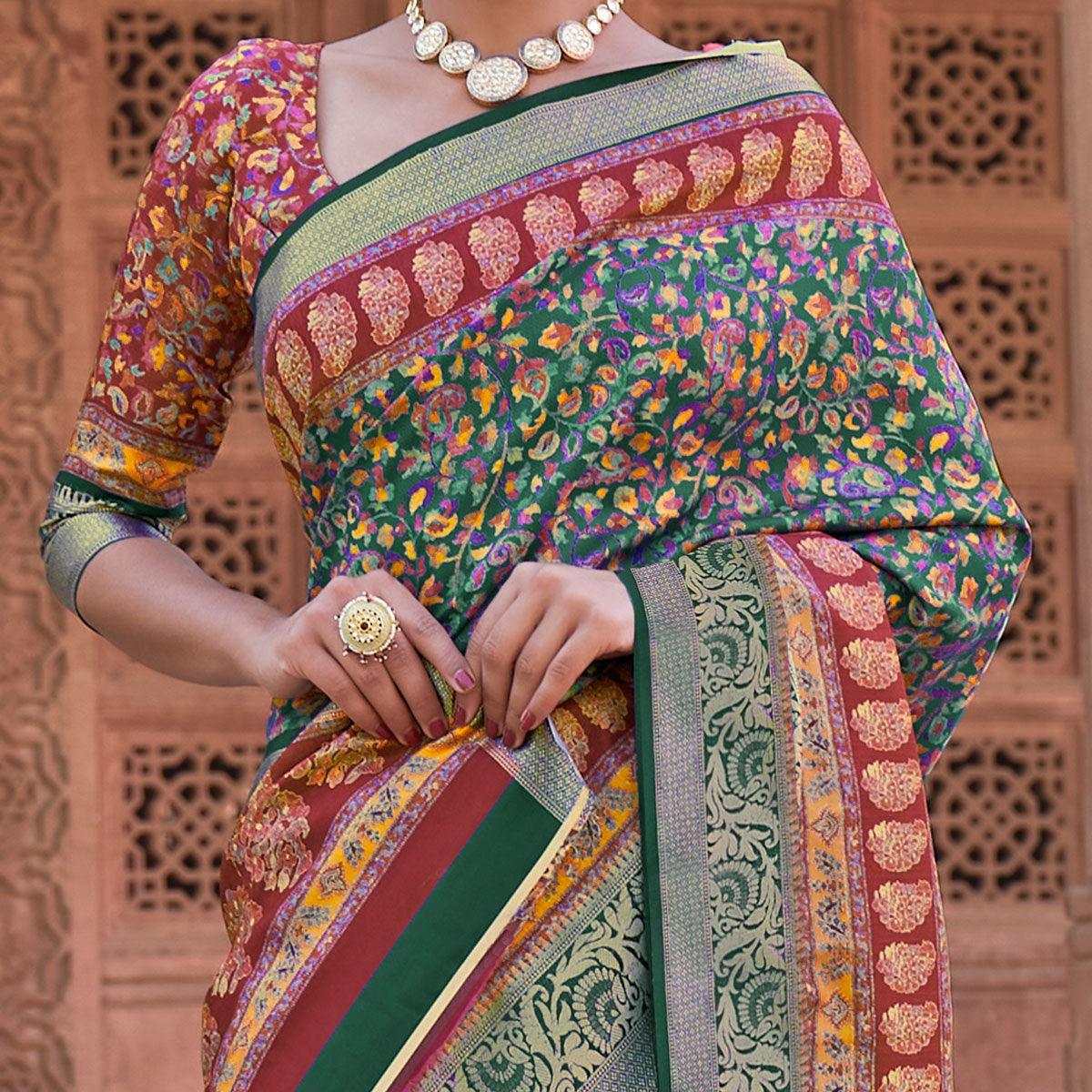 Green Festive Wear Digital Printed Soft Silk Saree With Viscose Zari Border - Peachmode