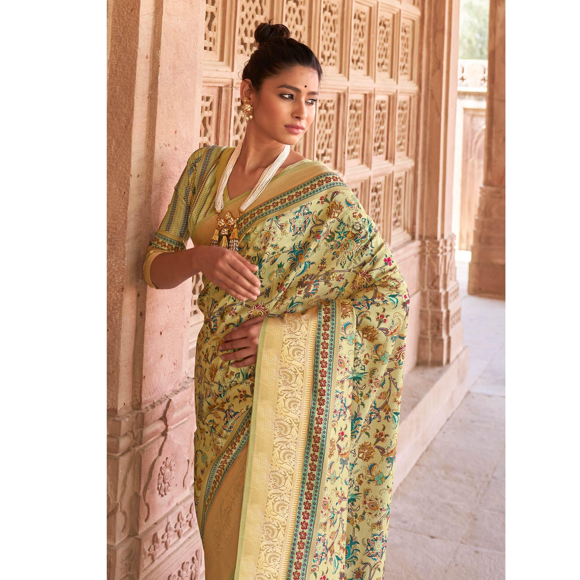 Green Festive Wear Digital Printed Soft Silk Saree With Viscose Zari Border - Peachmode