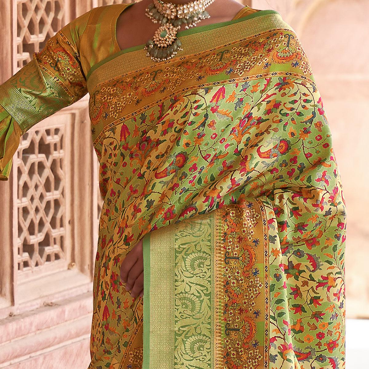 Green Festive Wear Digital Printed Soft Silk Saree With Viscose Zari Border - Peachmode