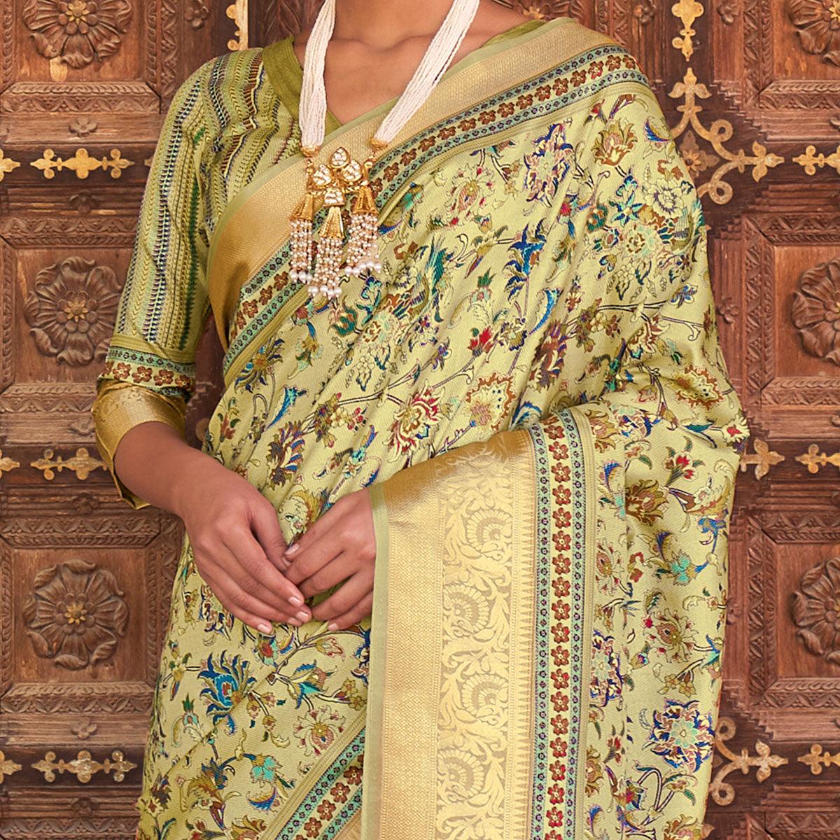 Green Festive Wear Digital Printed Soft Silk Saree With Viscose Zari Border - Peachmode