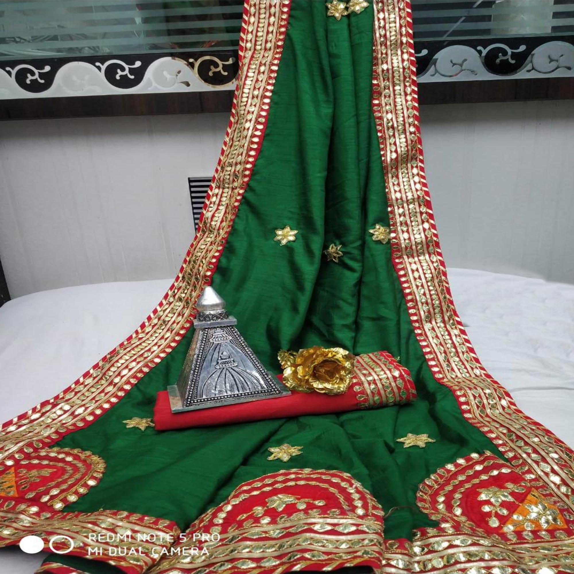 Green Festive Wear Dola Silk Saree With Gotta Patti Lace Border - Peachmode