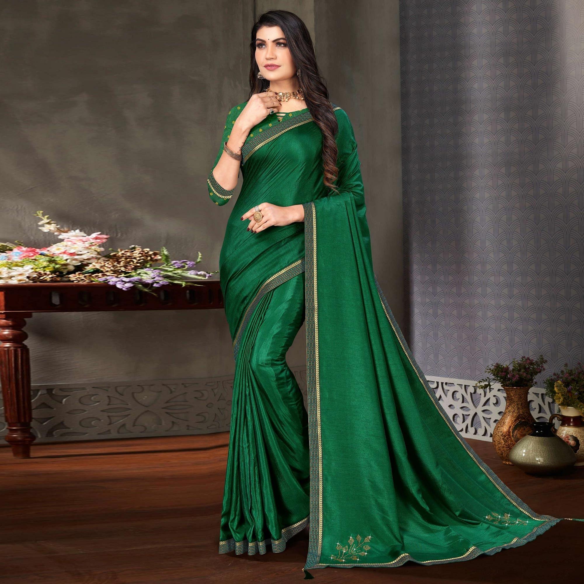 Green Festive Wear Embellished Art Silk Saree - Peachmode