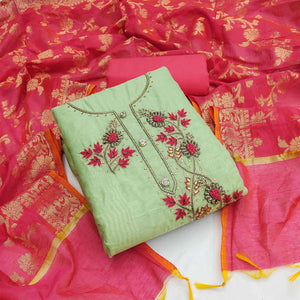 Green Festive Wear Embellished Chanderi Dress Material - Peachmode